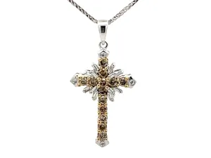 Champagne Diamond Cross Necklace 14k White Gold