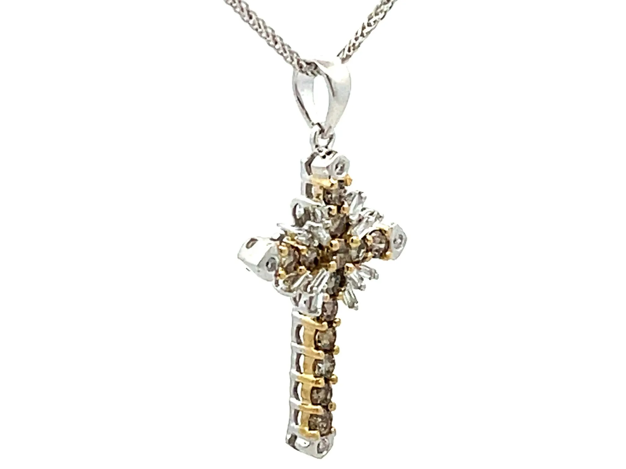Champagne Diamond Cross Necklace 14k White Gold