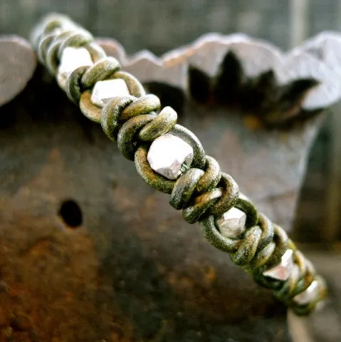 Chan Luu Men's Brown Leather Braided Bracelet with Nugget Sterling Silver Beads