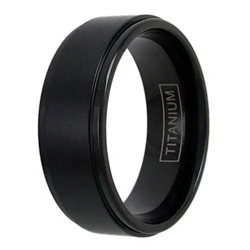Classic Black Ion Plated Titanium Ring with Brushed Finish Center Band and Stepped Edges.