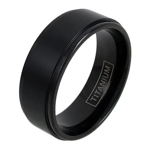 Classic Black Ion Plated Titanium Ring with Brushed Finish Center Band and Stepped Edges.