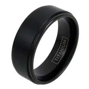 Classic Black Ion Plated Titanium Ring with Brushed Finish Center Band and Stepped Edges.