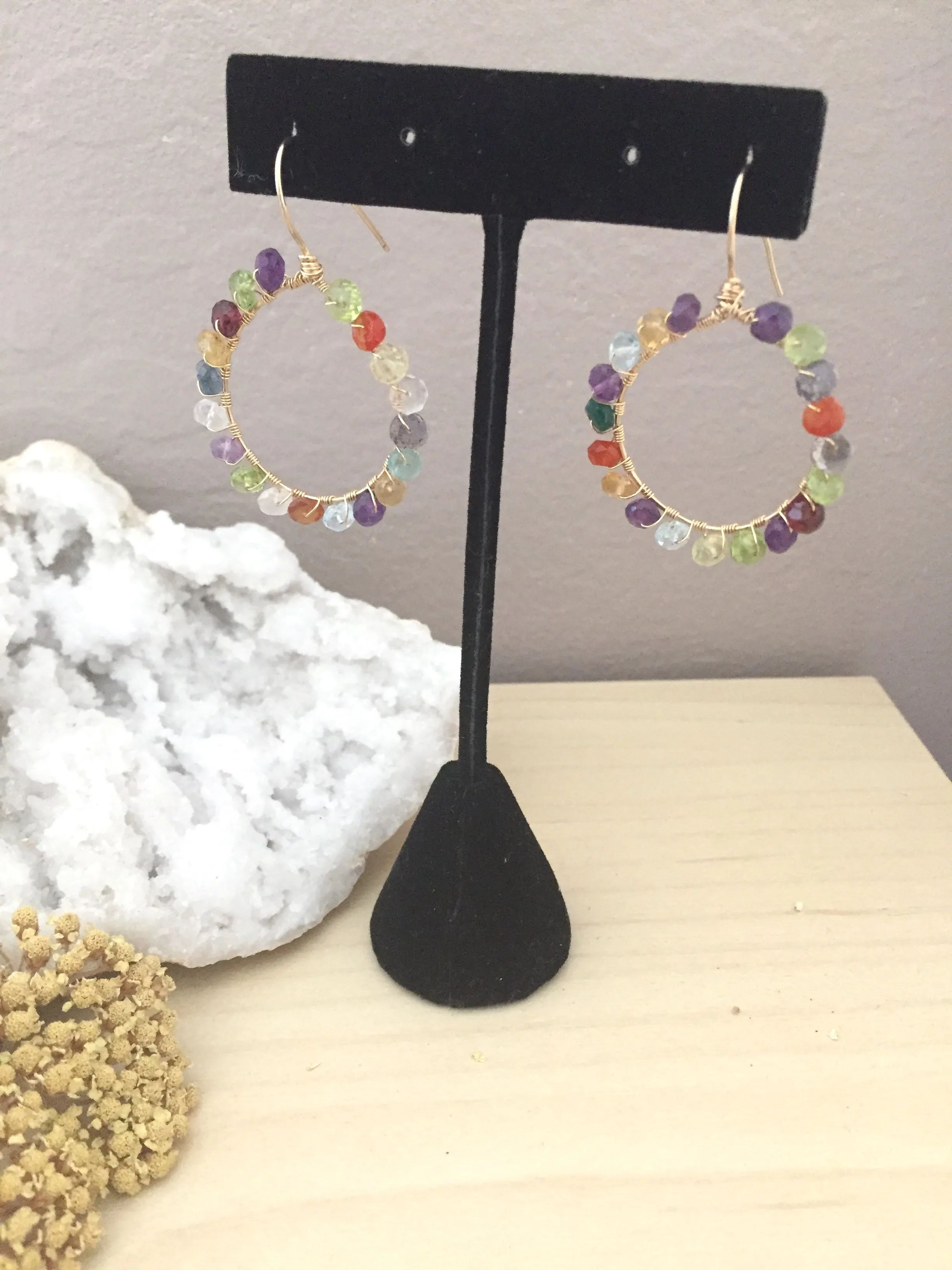 Confetti Gold Fill Hoops - Colorful Mixed Gemstone Hoops