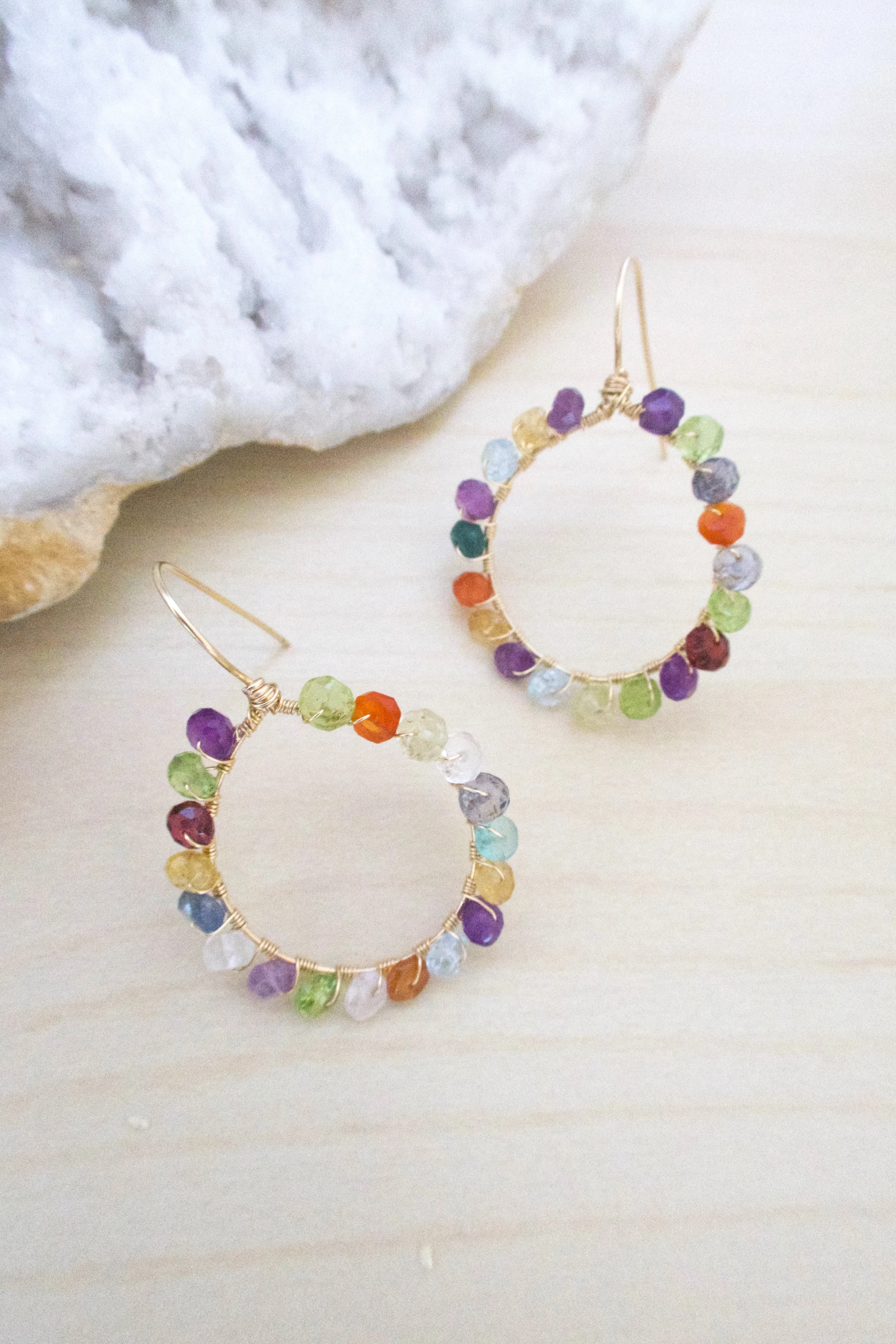 Confetti Gold Fill Hoops - Colorful Mixed Gemstone Hoops