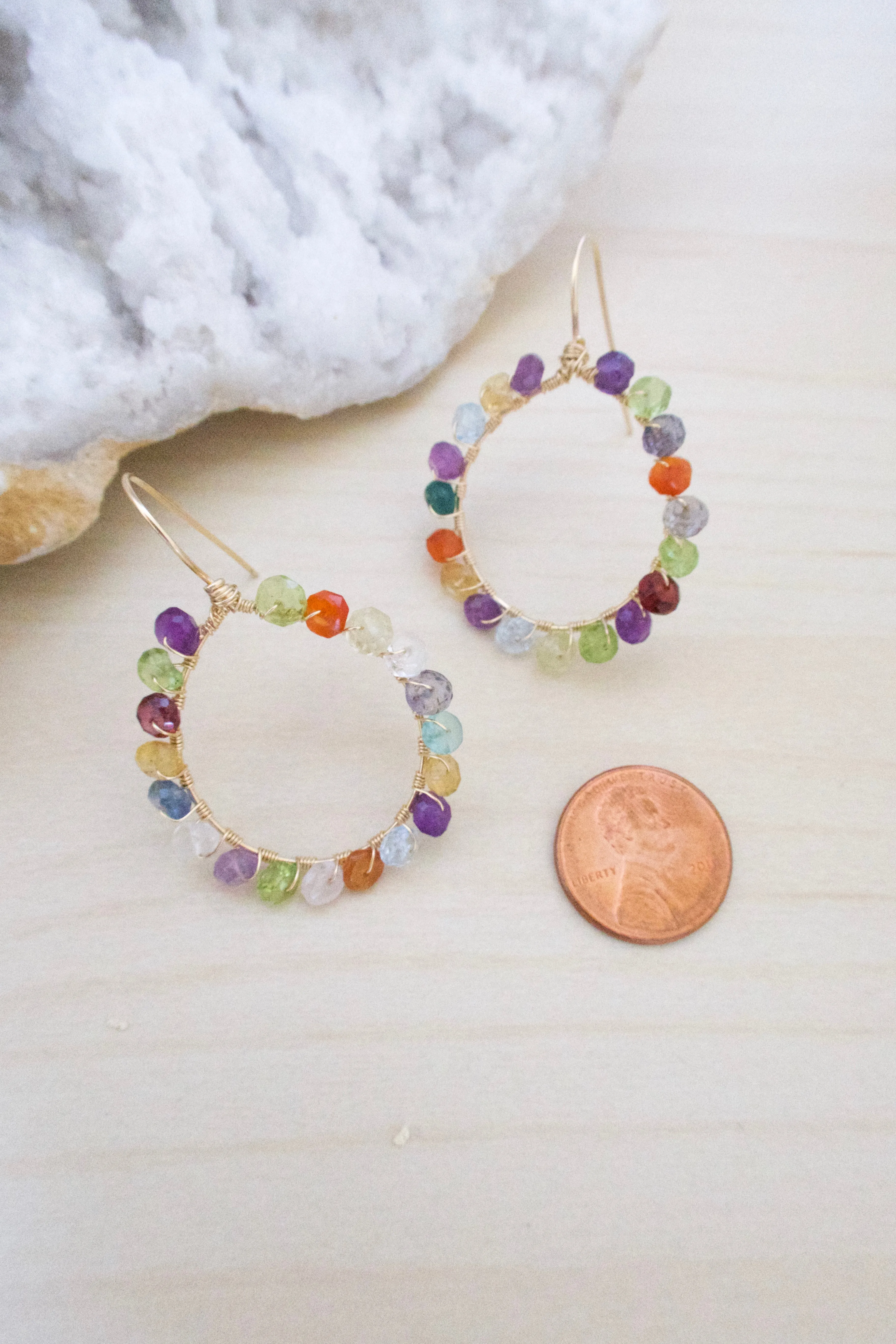 Confetti Gold Fill Hoops - Colorful Mixed Gemstone Hoops
