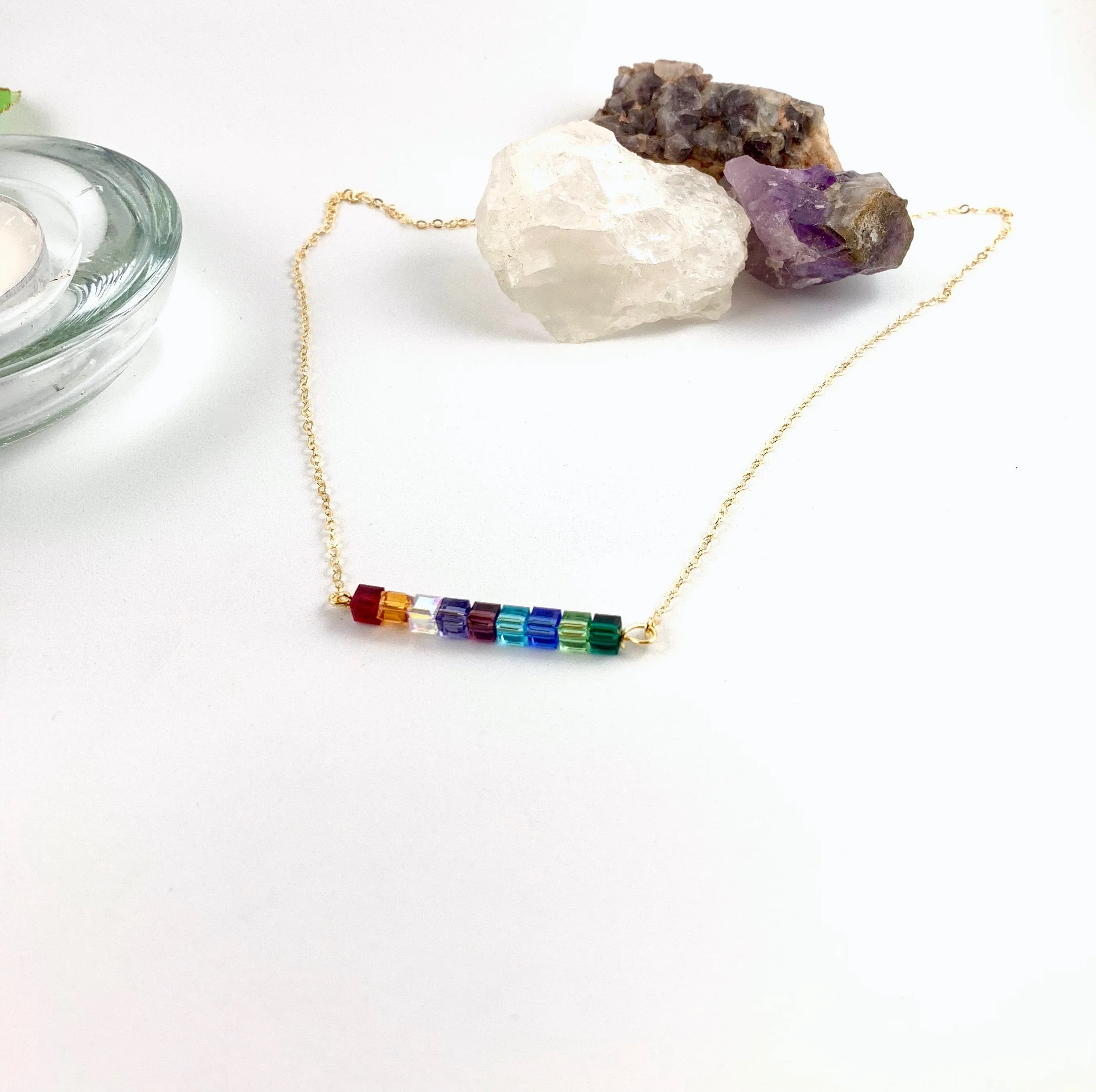 Crystal Cube Bar 14K Gold Necklace