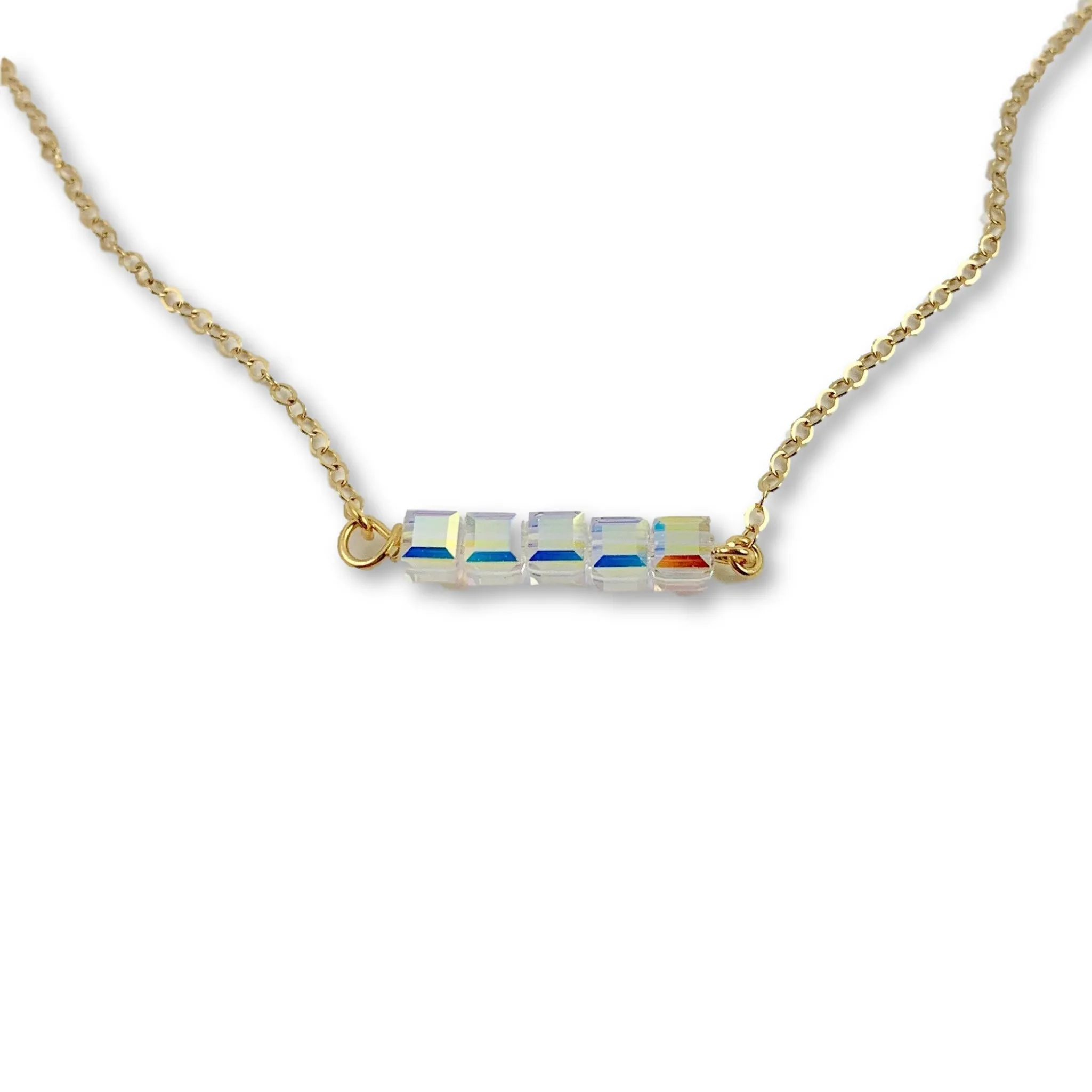 Crystal Cube Bar 14K Gold Necklace