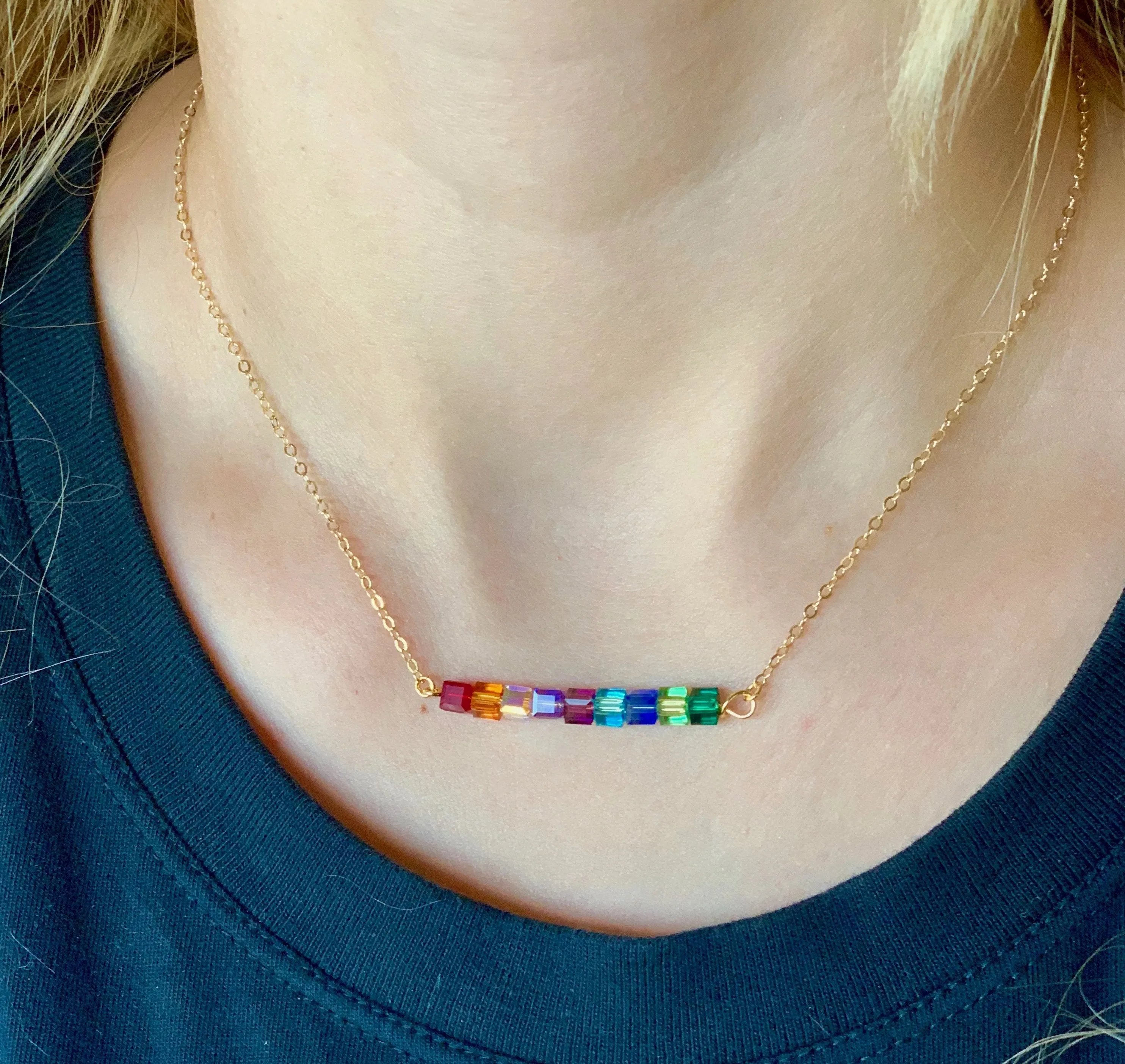 Crystal Cube Bar 14K Gold Necklace