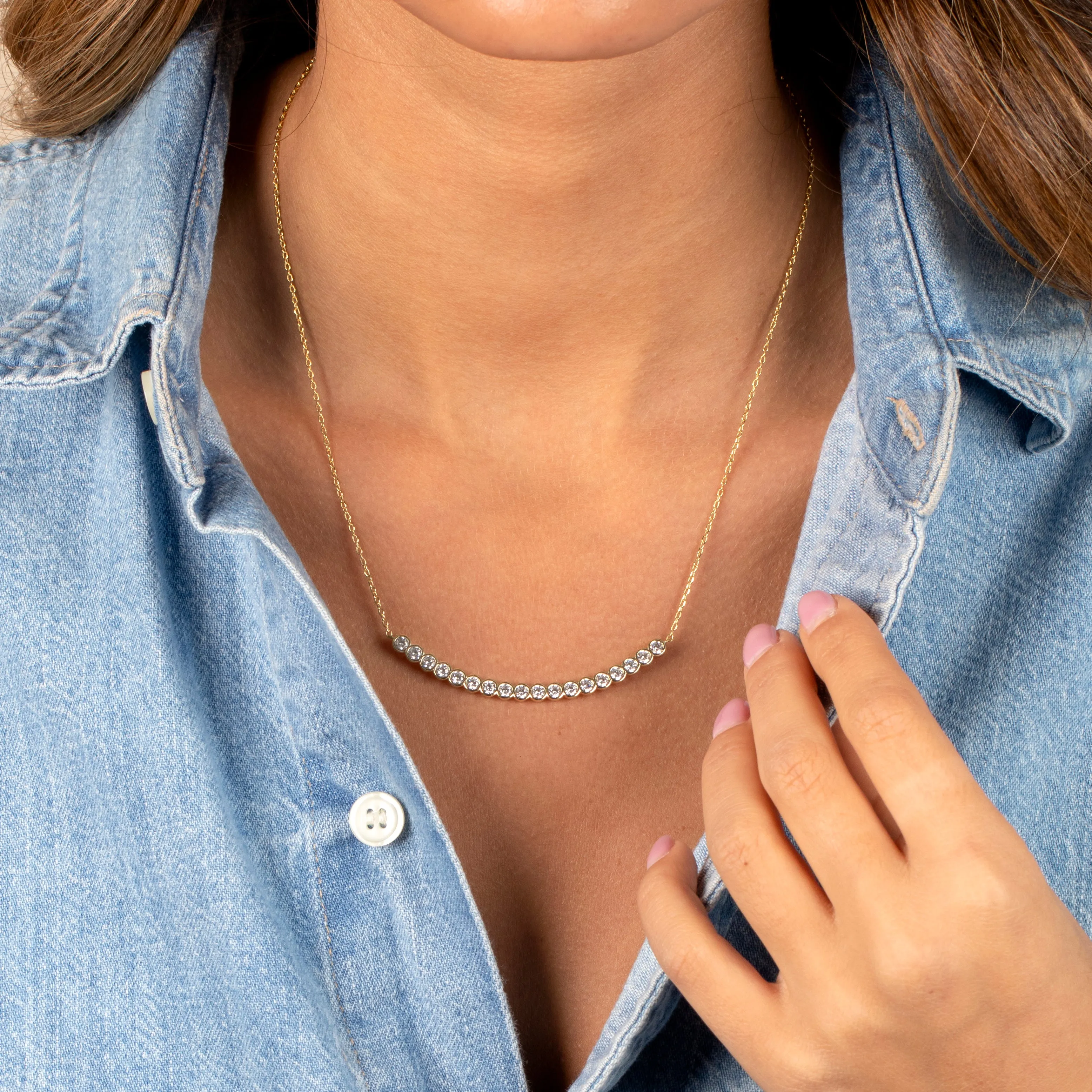 CZ Bezel Curved Tennis Bar Pendant Necklace