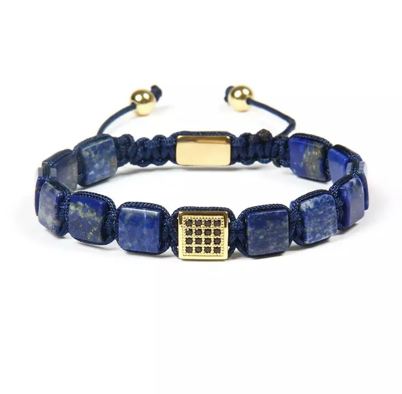 CZ Gold Square Beads Lapis Lazuli Braided Bracelet
