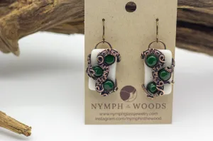 Dark Green and White Fused Glass and Copper Earrings