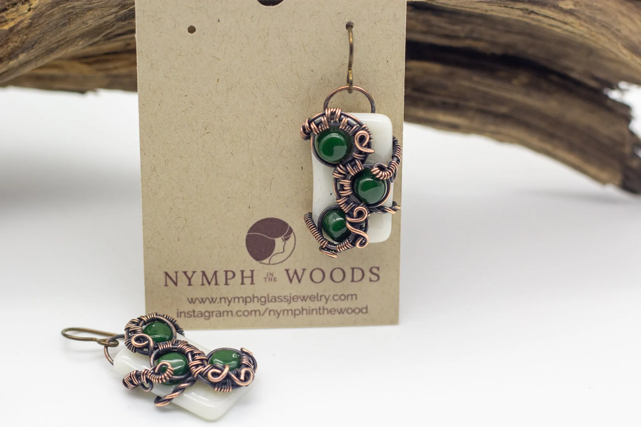 Dark Green and White Fused Glass and Copper Earrings