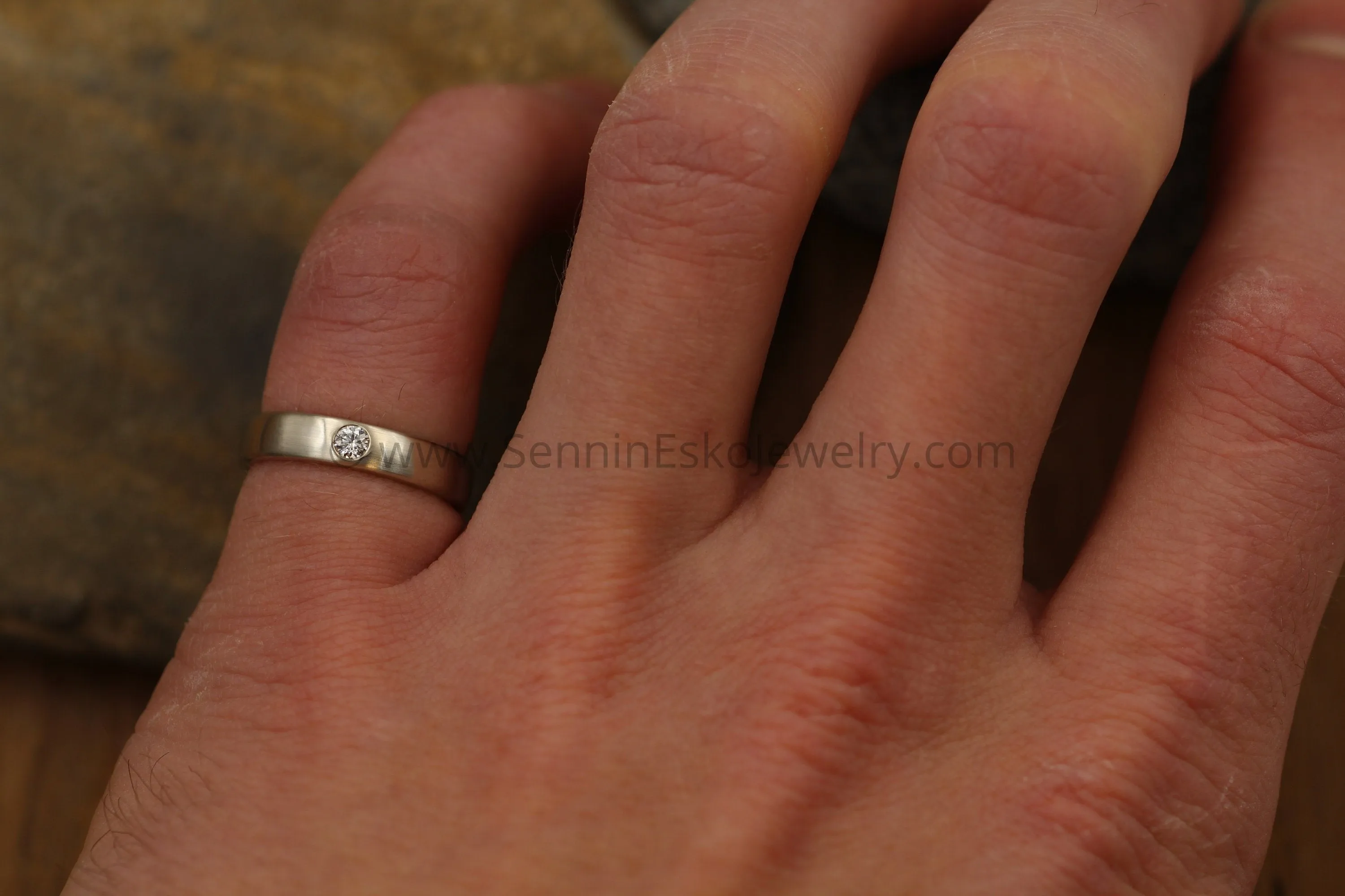 Diamond 3mm Wide Flush Set Wedding Band Matte Finish - Diamond Inset Band