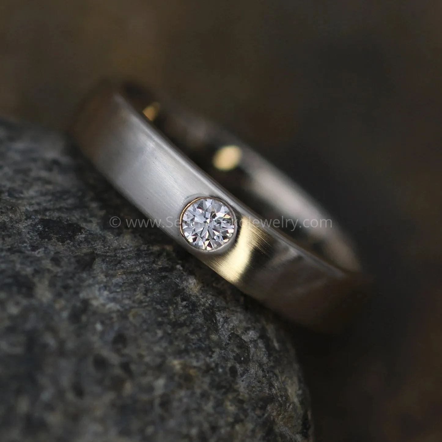 Diamond 3mm Wide Flush Set Wedding Band Matte Finish - Diamond Inset Band