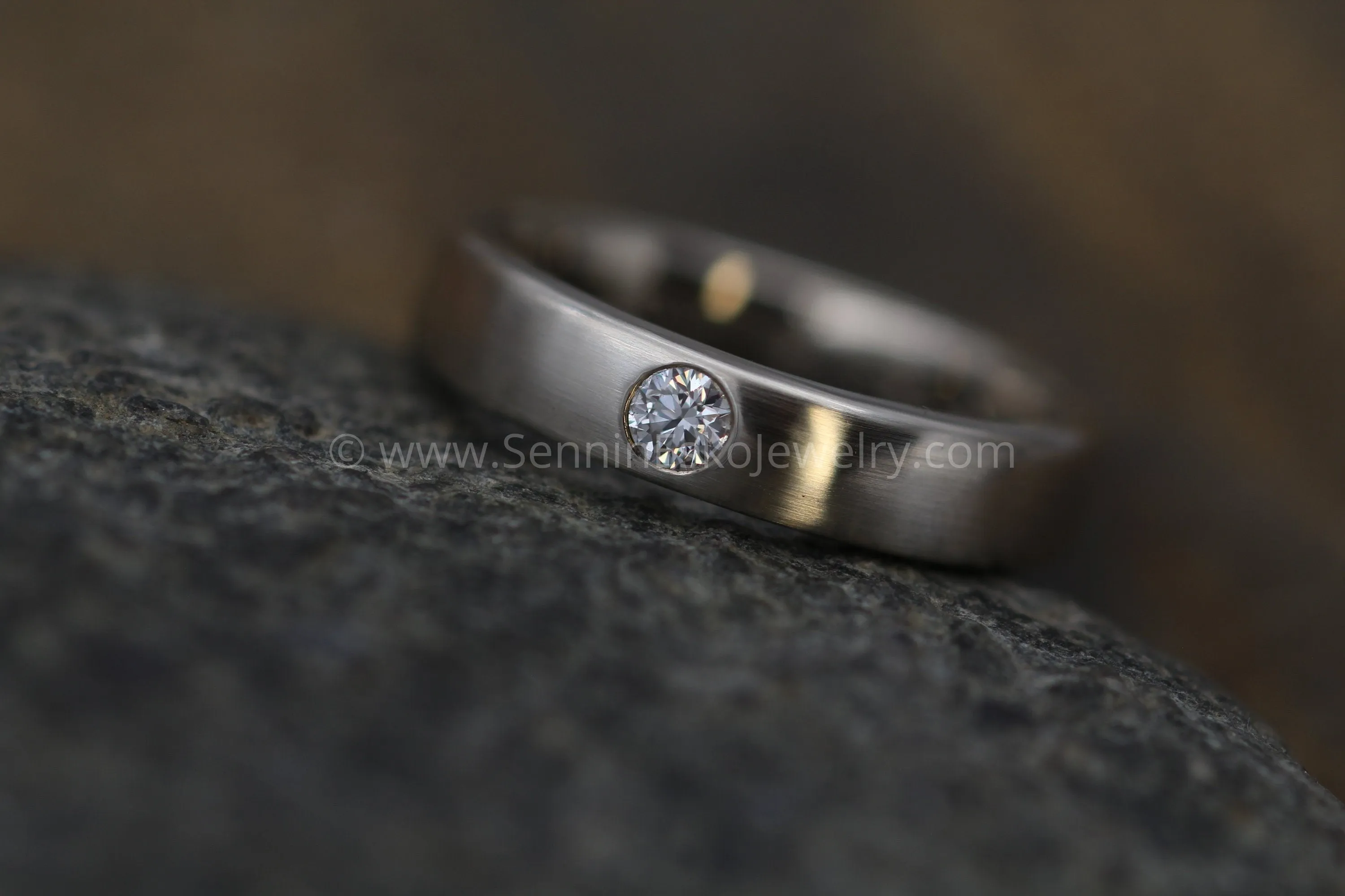 Diamond 3mm Wide Flush Set Wedding Band Matte Finish - Diamond Inset Band