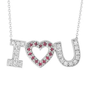 Diamond & Rose Sapphire ÒI Love YouÓ Pendant Necklace 14K White  Gold (0.44 Ctw)