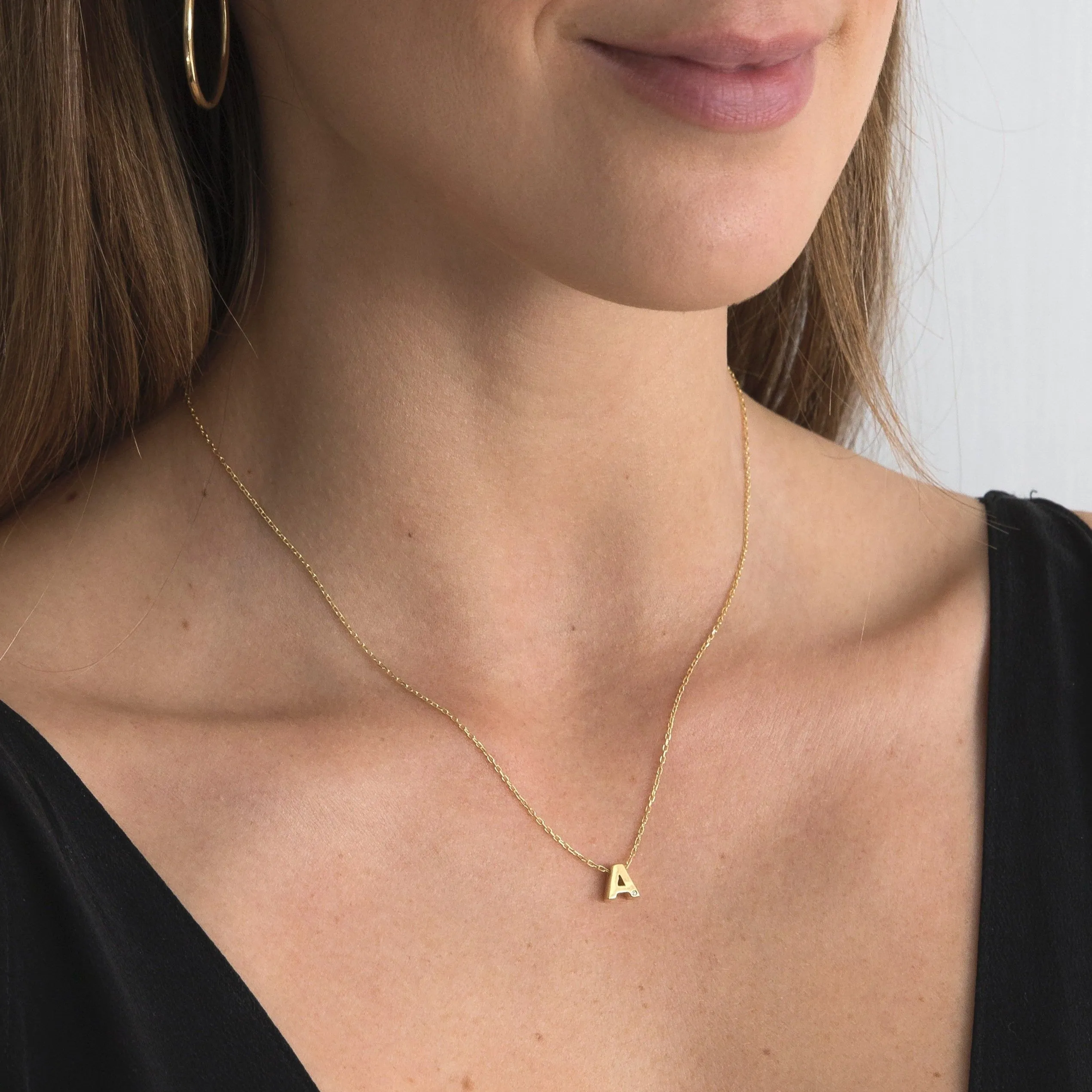Diamond Letter Necklace "A" - 18 karat gold vermeil on sterling silver, diamond 0.01 carat