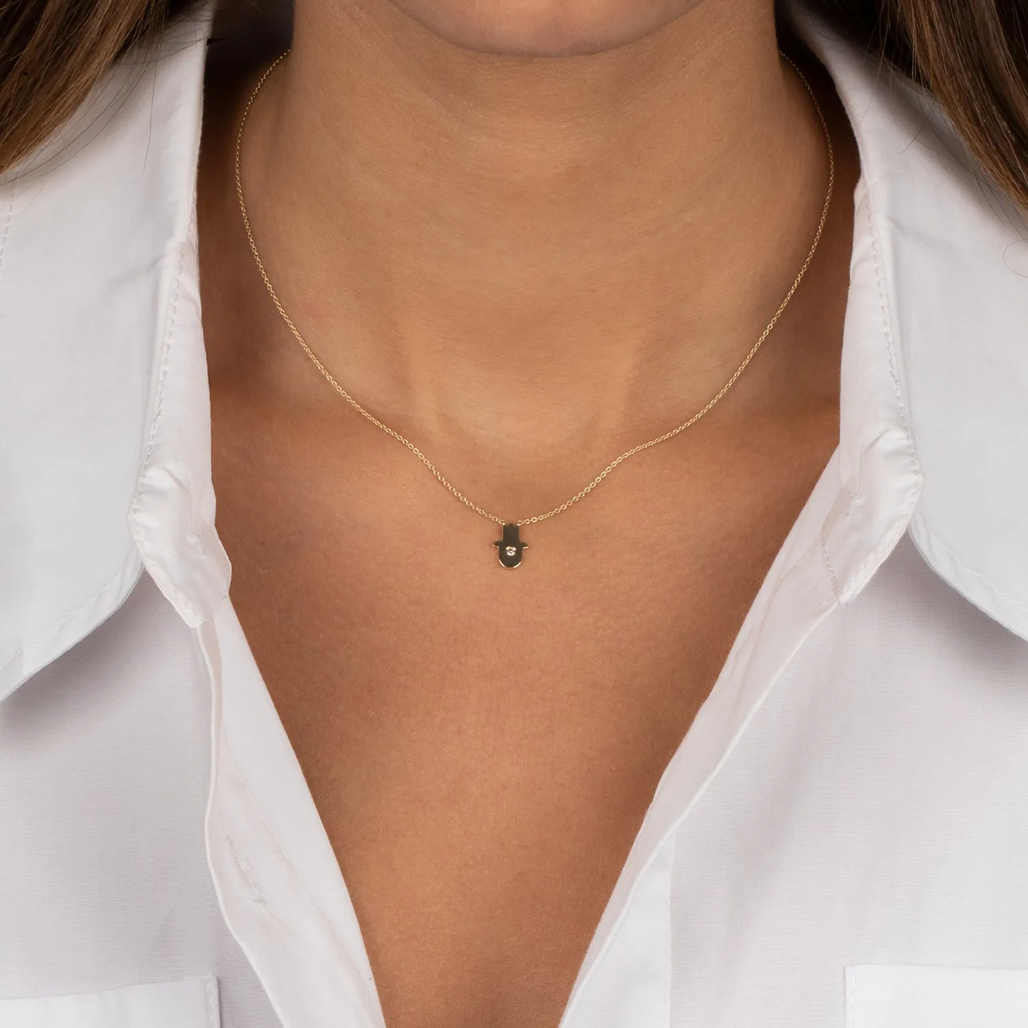 Diamond Solitaire Hamsa Necklace 14K