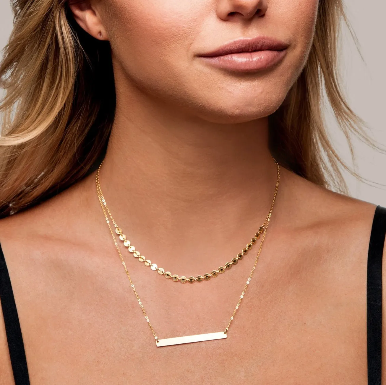 Double Layer Tattoo Coin Skinny Bar Necklace, 1.75" Bar