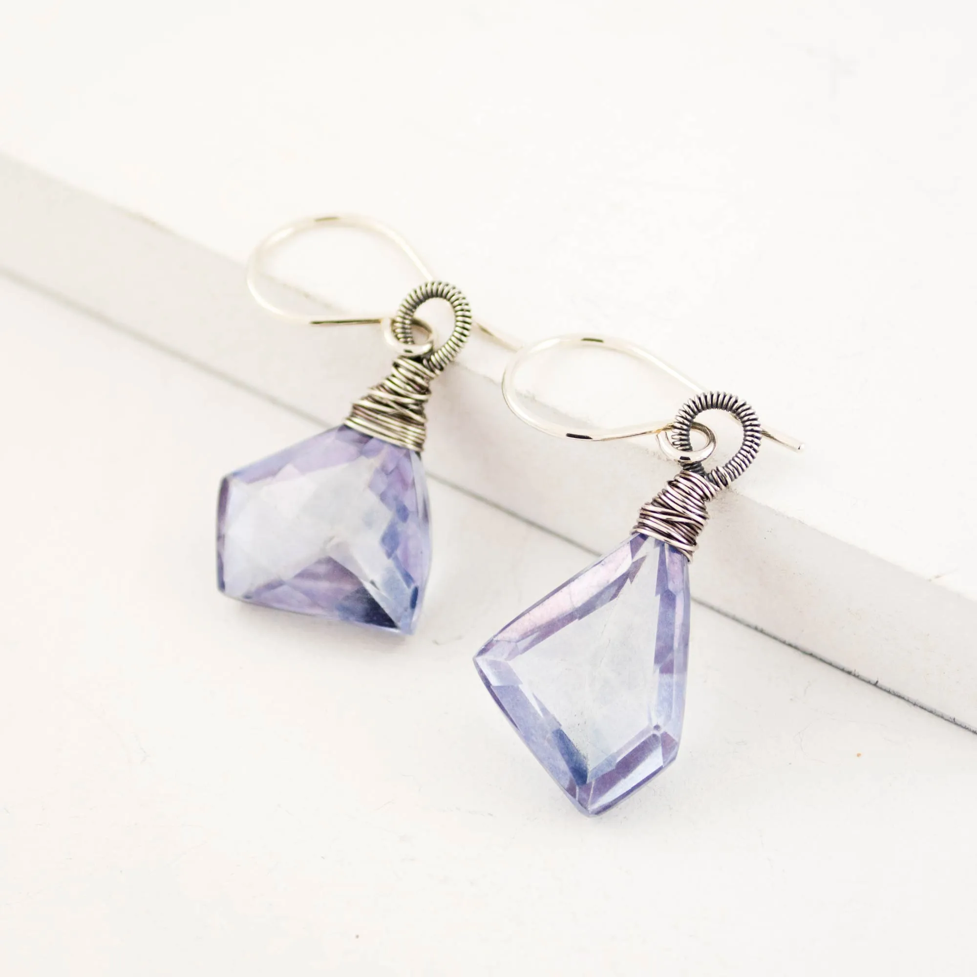 Dusty blue quartz earrings with silver wire wrapping