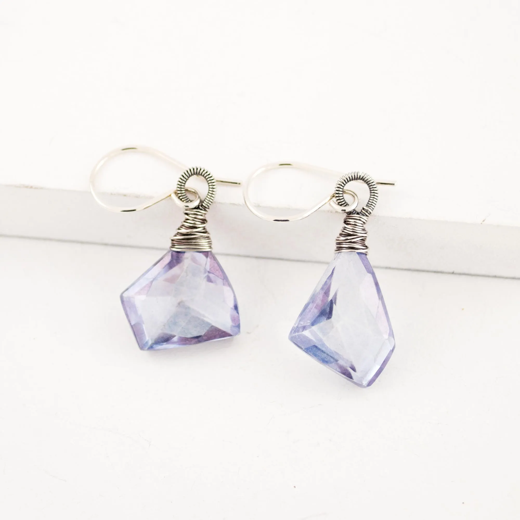 Dusty blue quartz earrings with silver wire wrapping