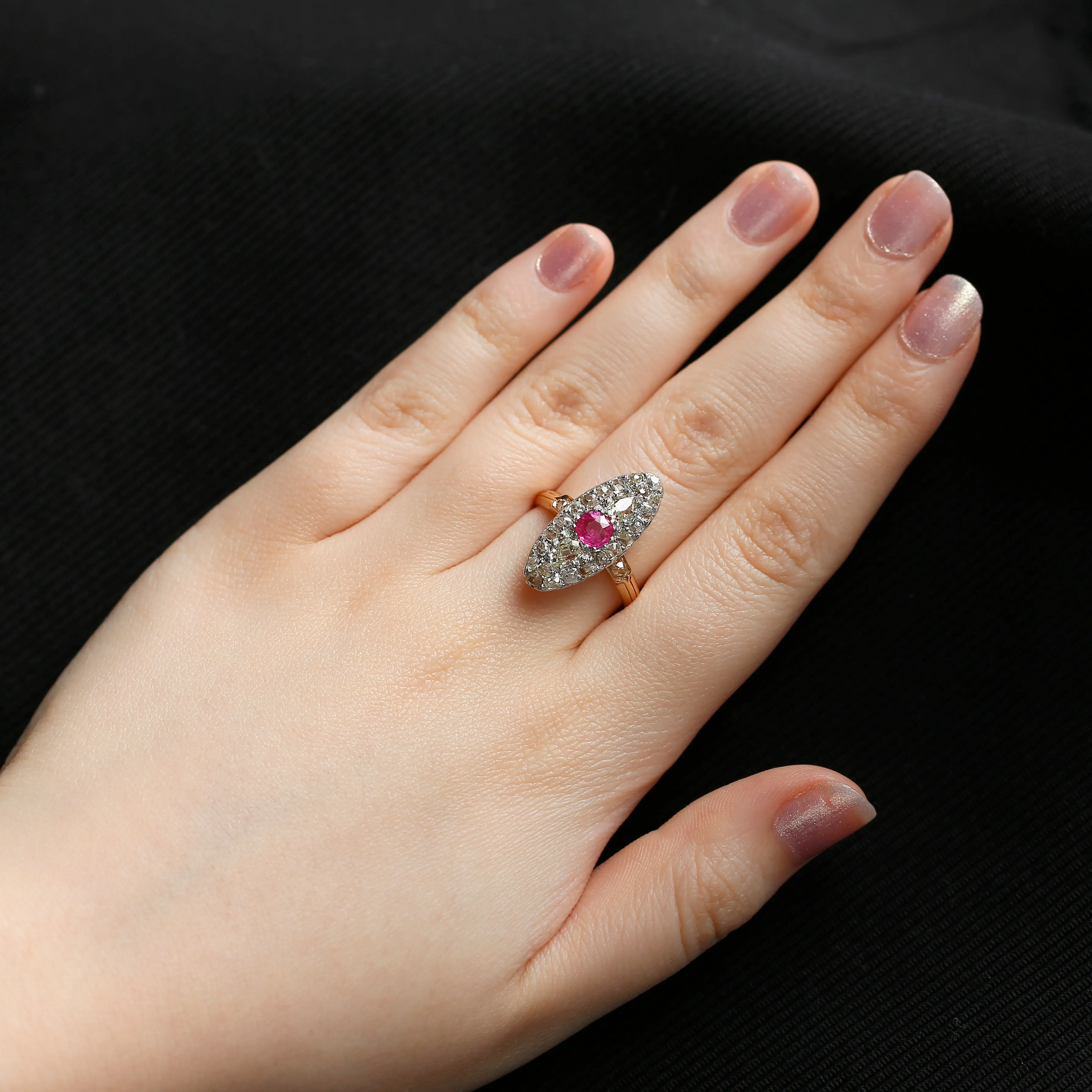 Edwardian Ruby and Diamond Navette Ring