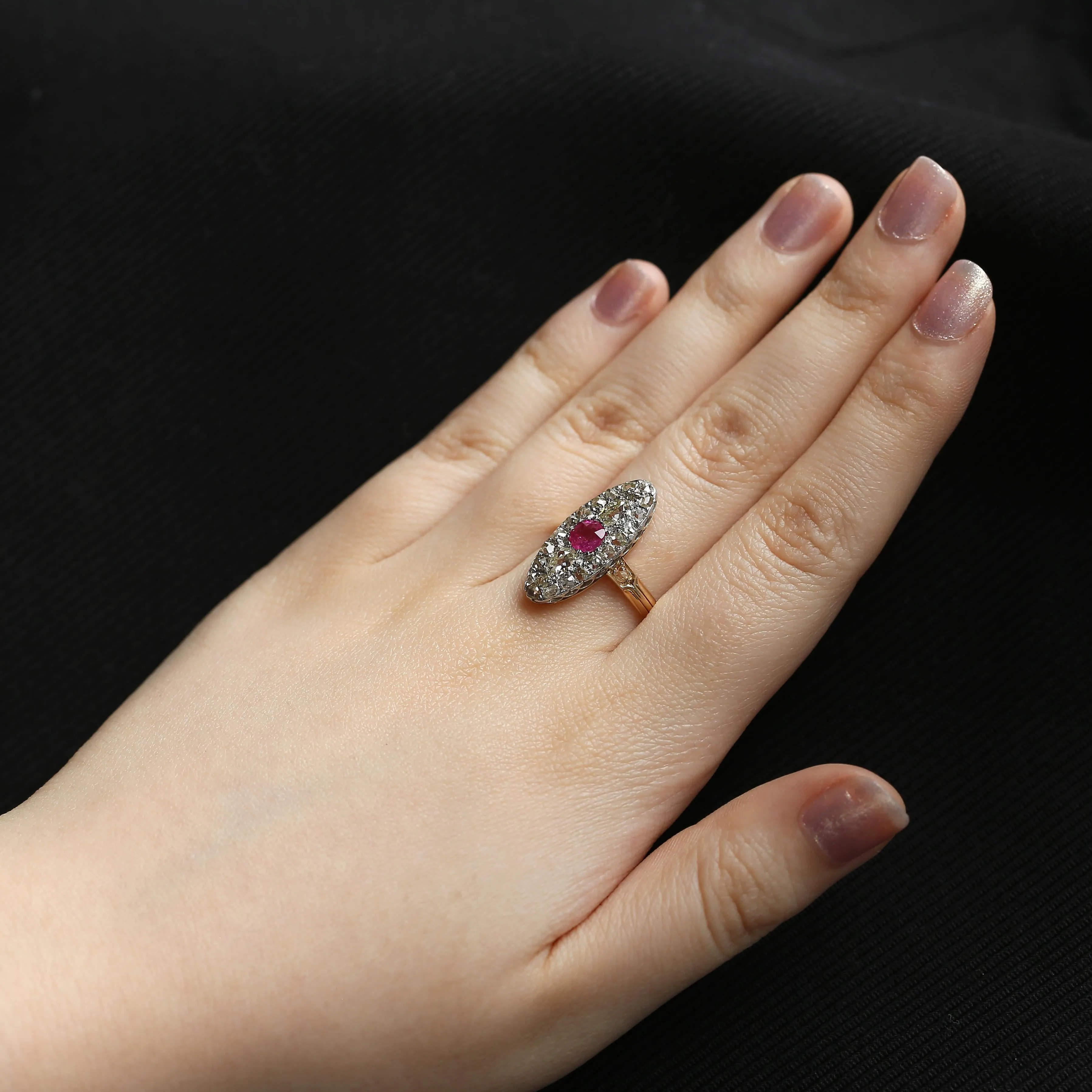 Edwardian Ruby and Diamond Navette Ring