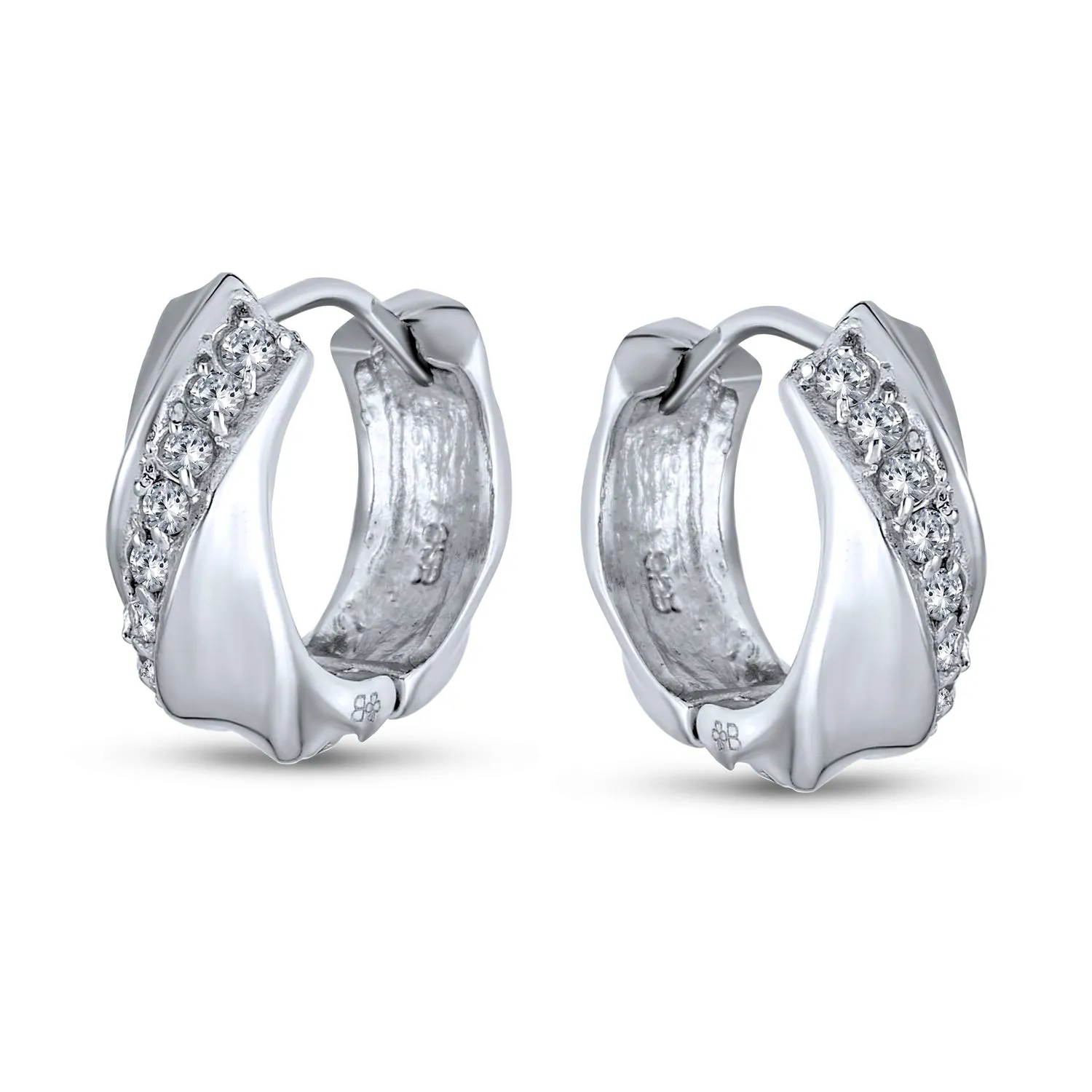 Elegant CZ Hoop Earrings Zirconia Accent Stripe Cross Twist Huggie Silver Men