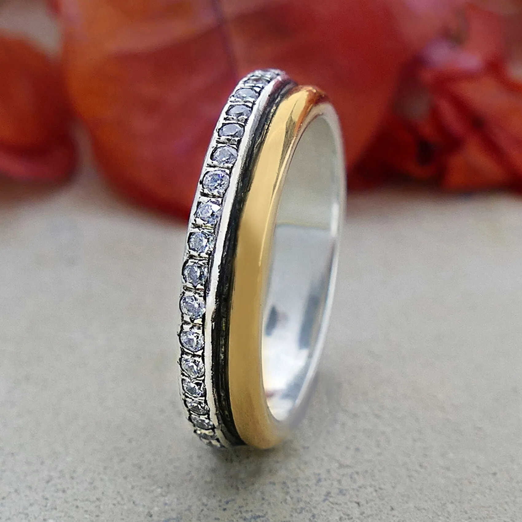 Engagement ring Two Tone Solid 9k Yellow Gold & 925 Sterling Silver Band 3.2 Carat White Cubic Zirconia Stone Ring Setting, Mixed metal ring