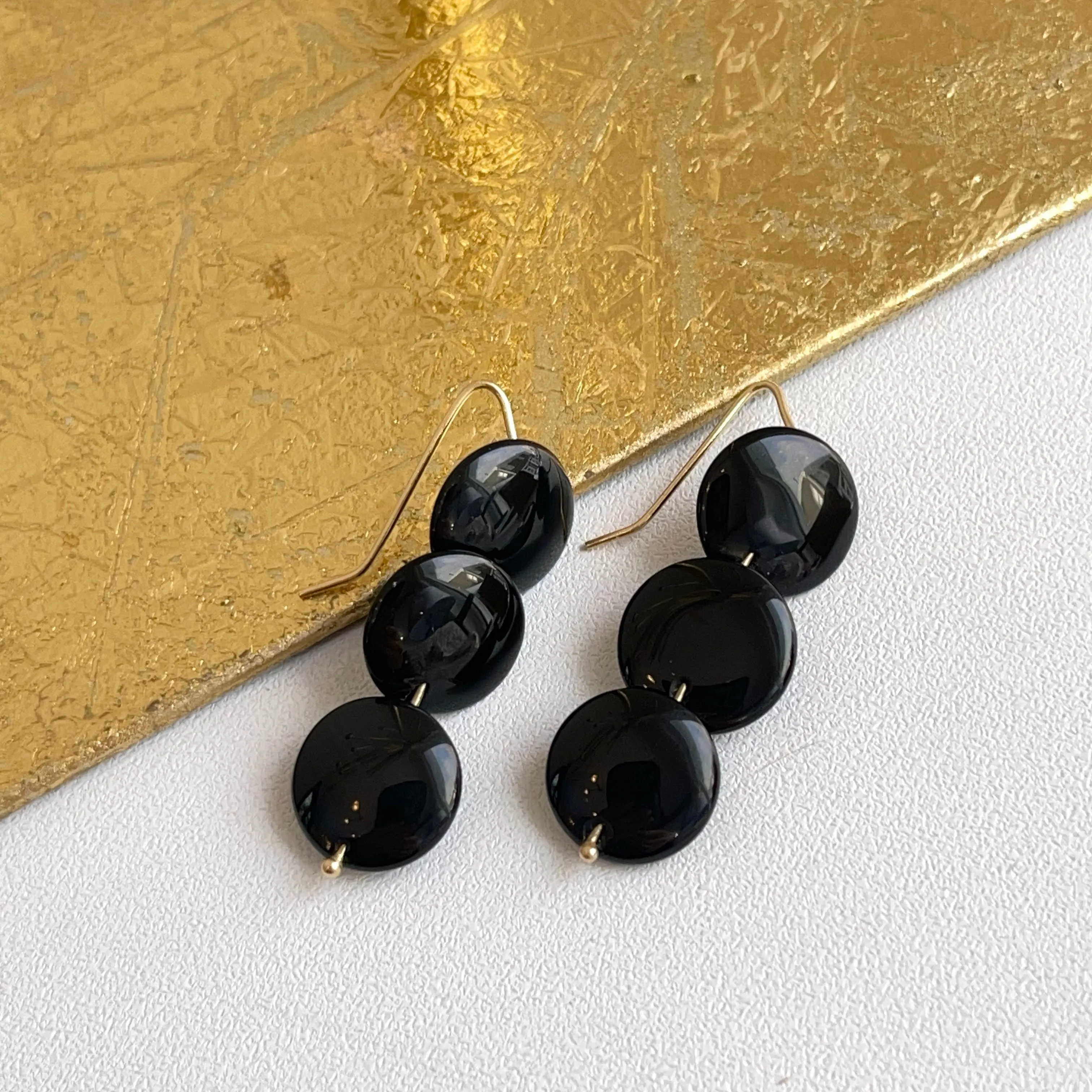 Estate 14KT Yellow Gold Triple Disc Black Onyx Dangle Earrings