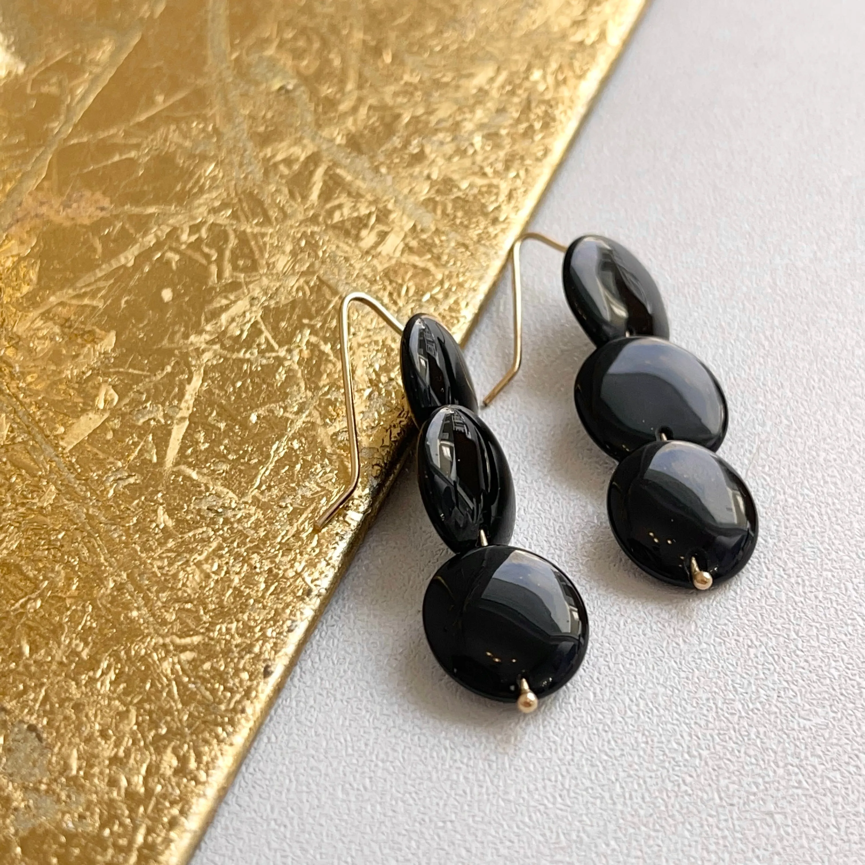 Estate 14KT Yellow Gold Triple Disc Black Onyx Dangle Earrings