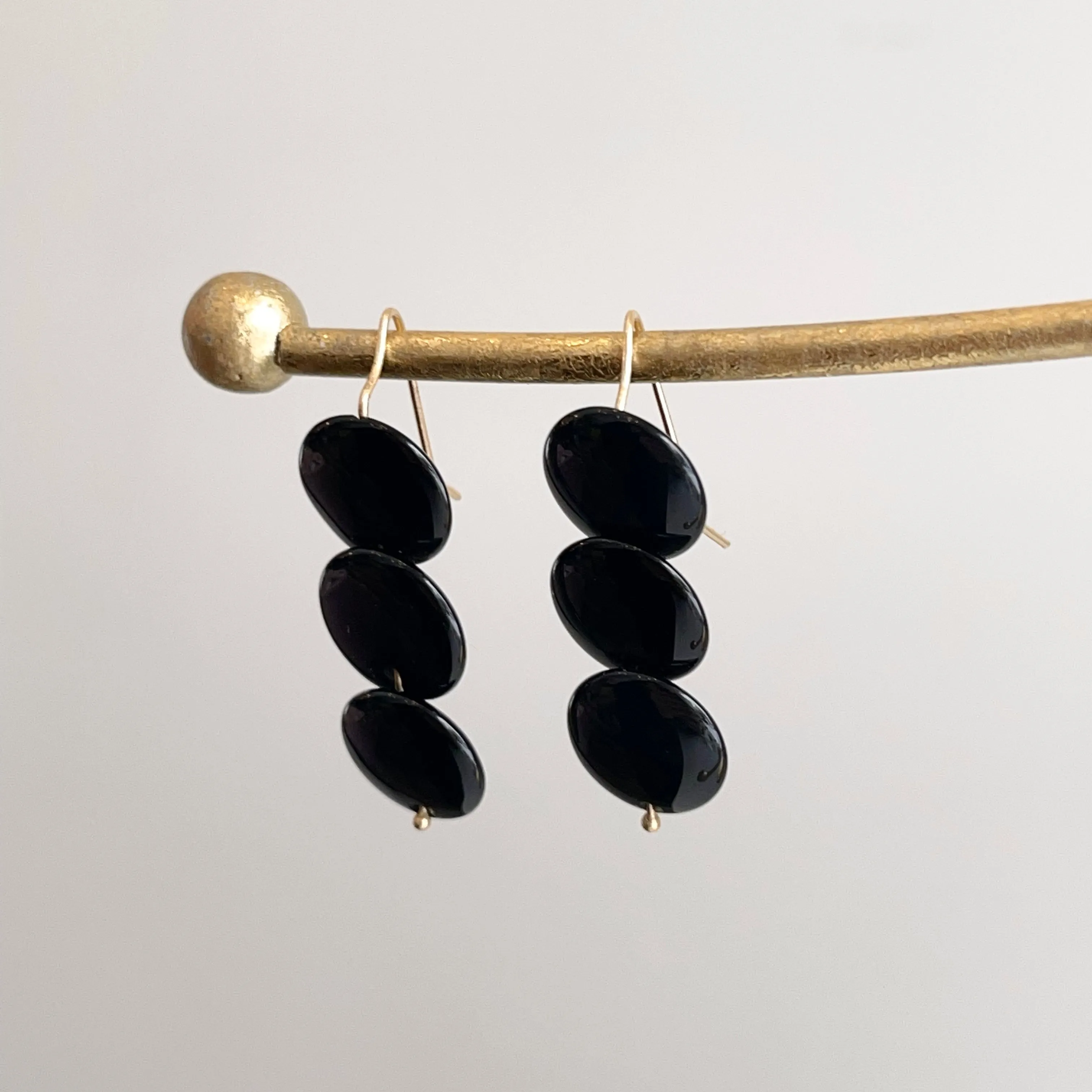 Estate 14KT Yellow Gold Triple Disc Black Onyx Dangle Earrings