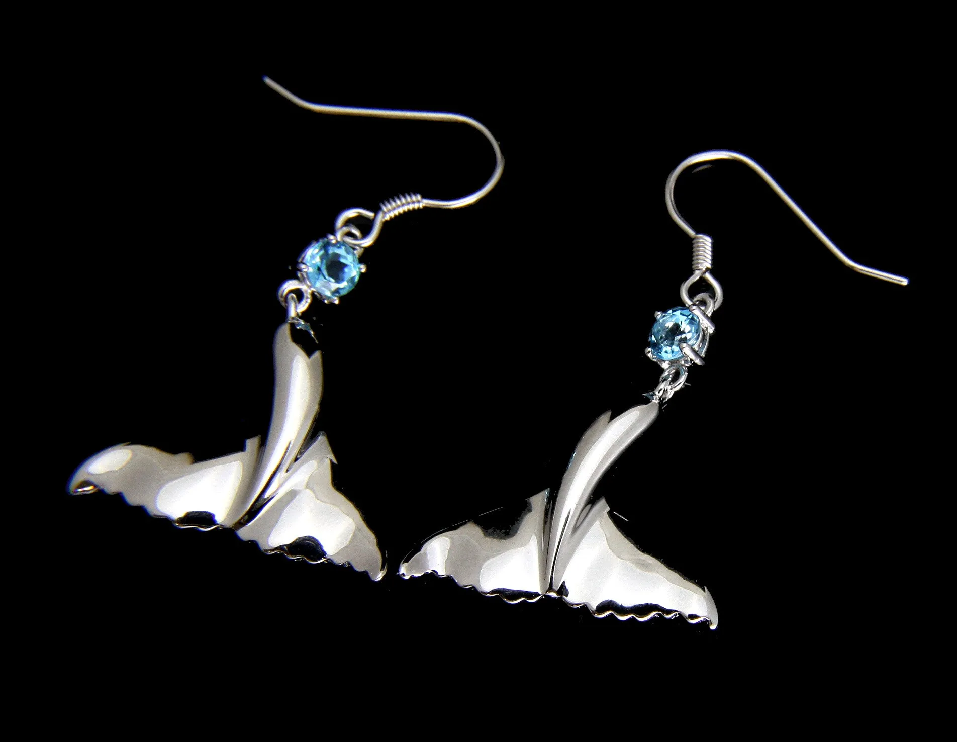 GENUINE BLUE TOPAZ SILVER 925 HAWAIIAN WHALE TAIL WIRE HOOK EARRINGS