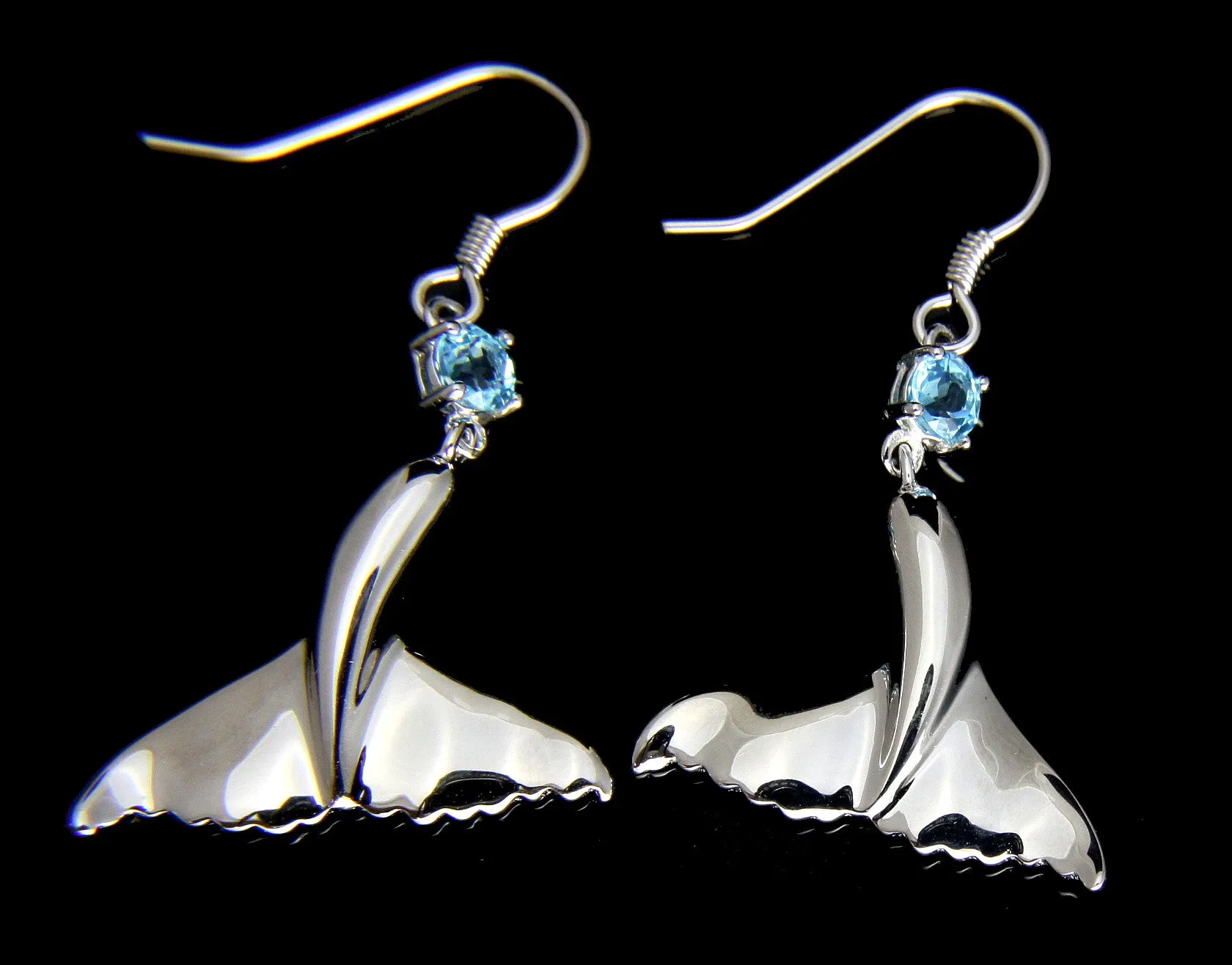 GENUINE BLUE TOPAZ SILVER 925 HAWAIIAN WHALE TAIL WIRE HOOK EARRINGS