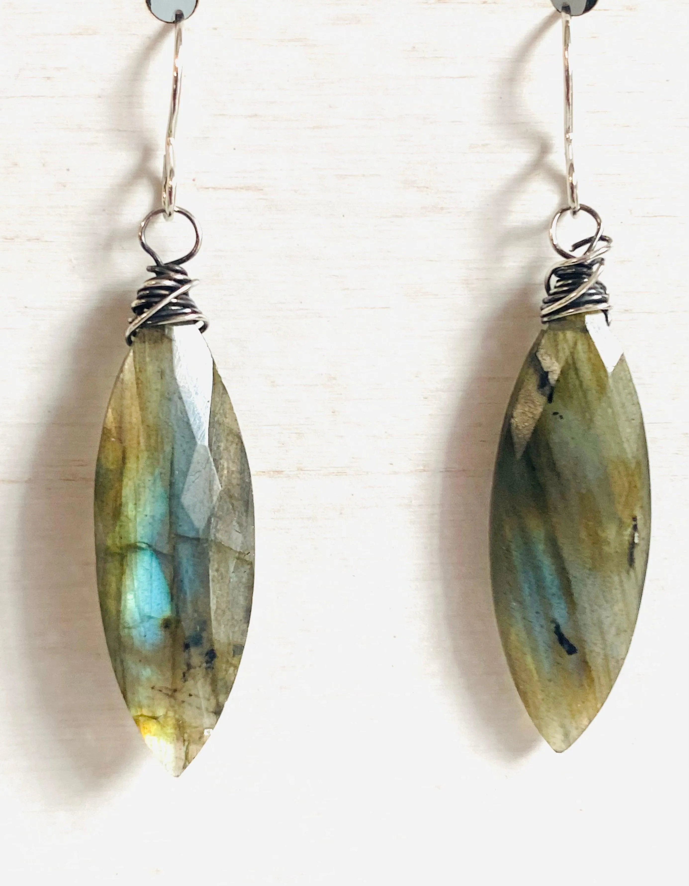 Genuine Gemstone Silver or Gold Filled Wrapped Earrings, Labradorite