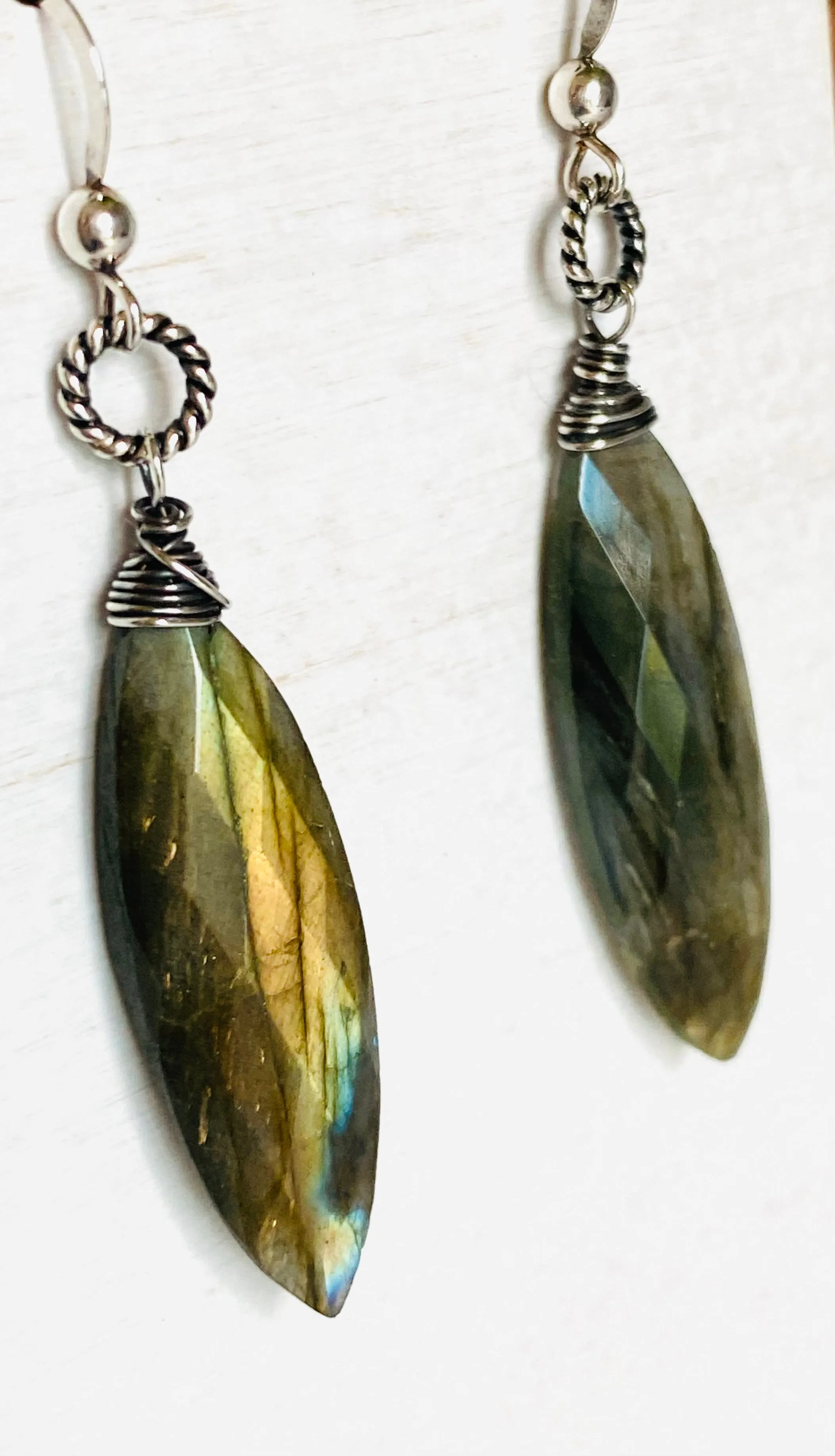 Genuine Gemstone Silver or Gold Filled Wrapped Earrings, Labradorite