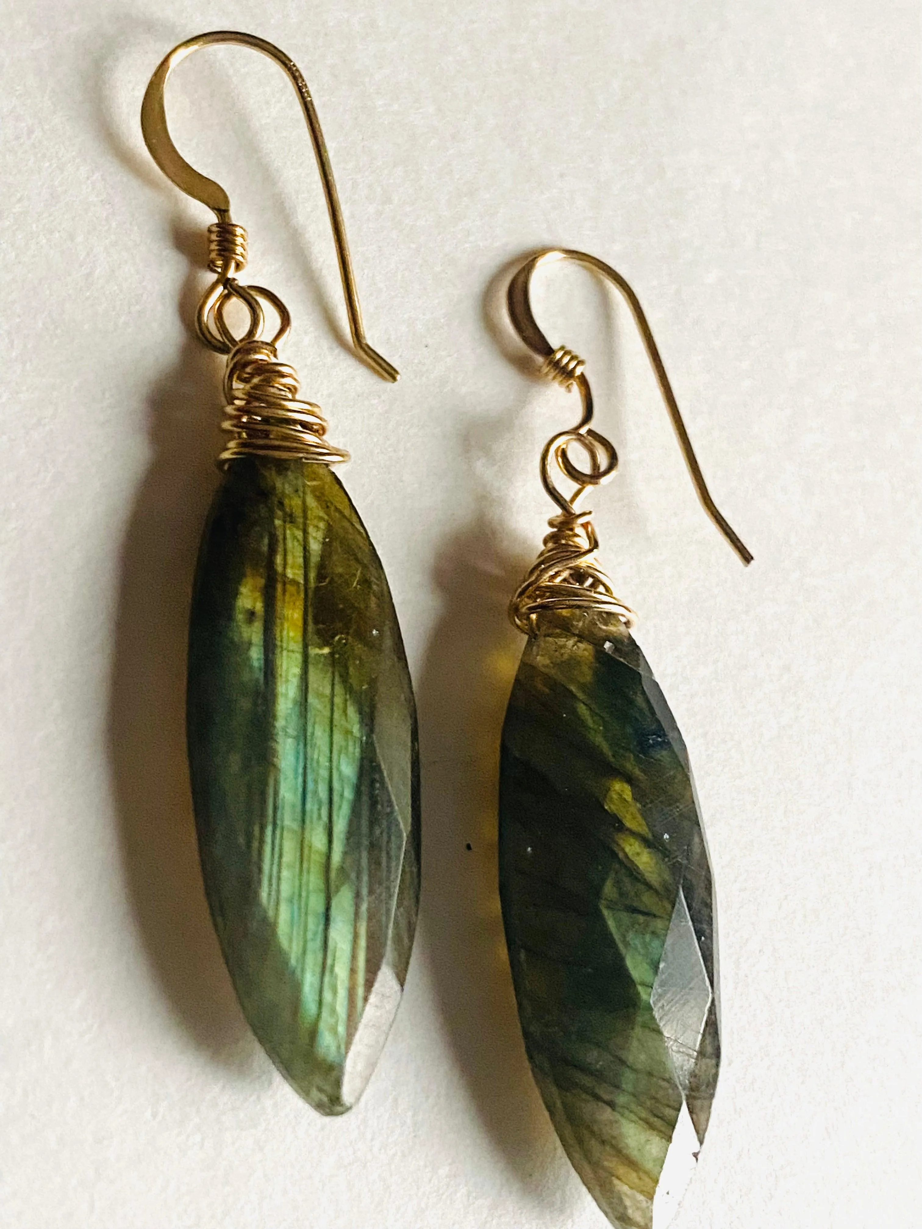Genuine Gemstone Silver or Gold Filled Wrapped Earrings, Labradorite