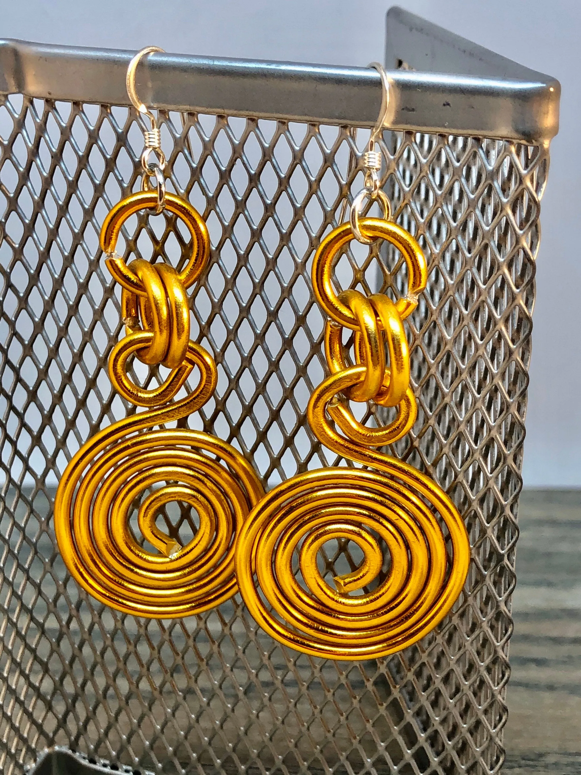 Gold Aluminum Wire Earrings, Circle light weight handmade earrings with sterling silver ear wire