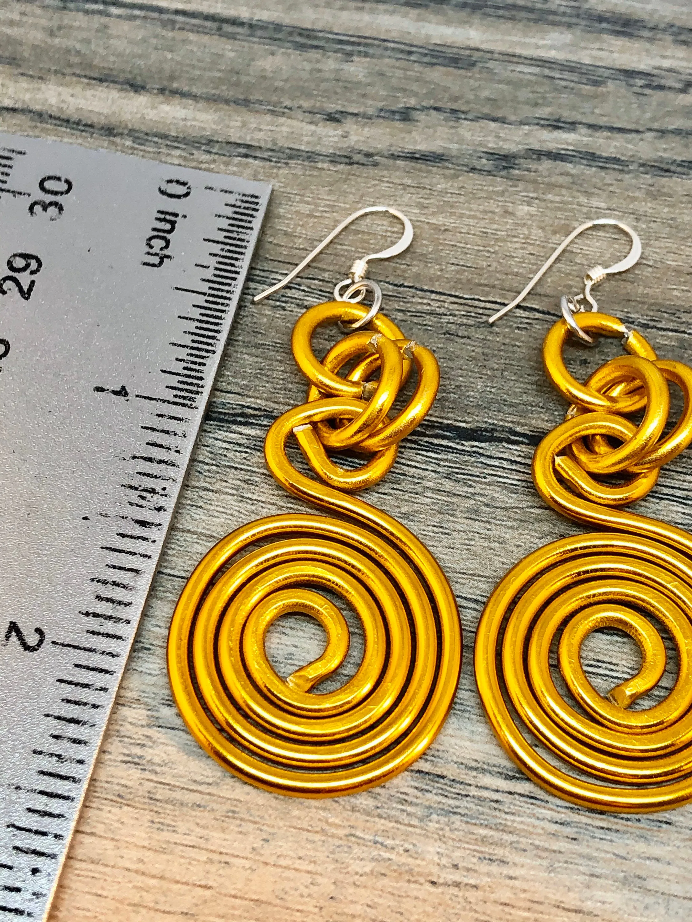 Gold Aluminum Wire Earrings, Circle light weight handmade earrings with sterling silver ear wire