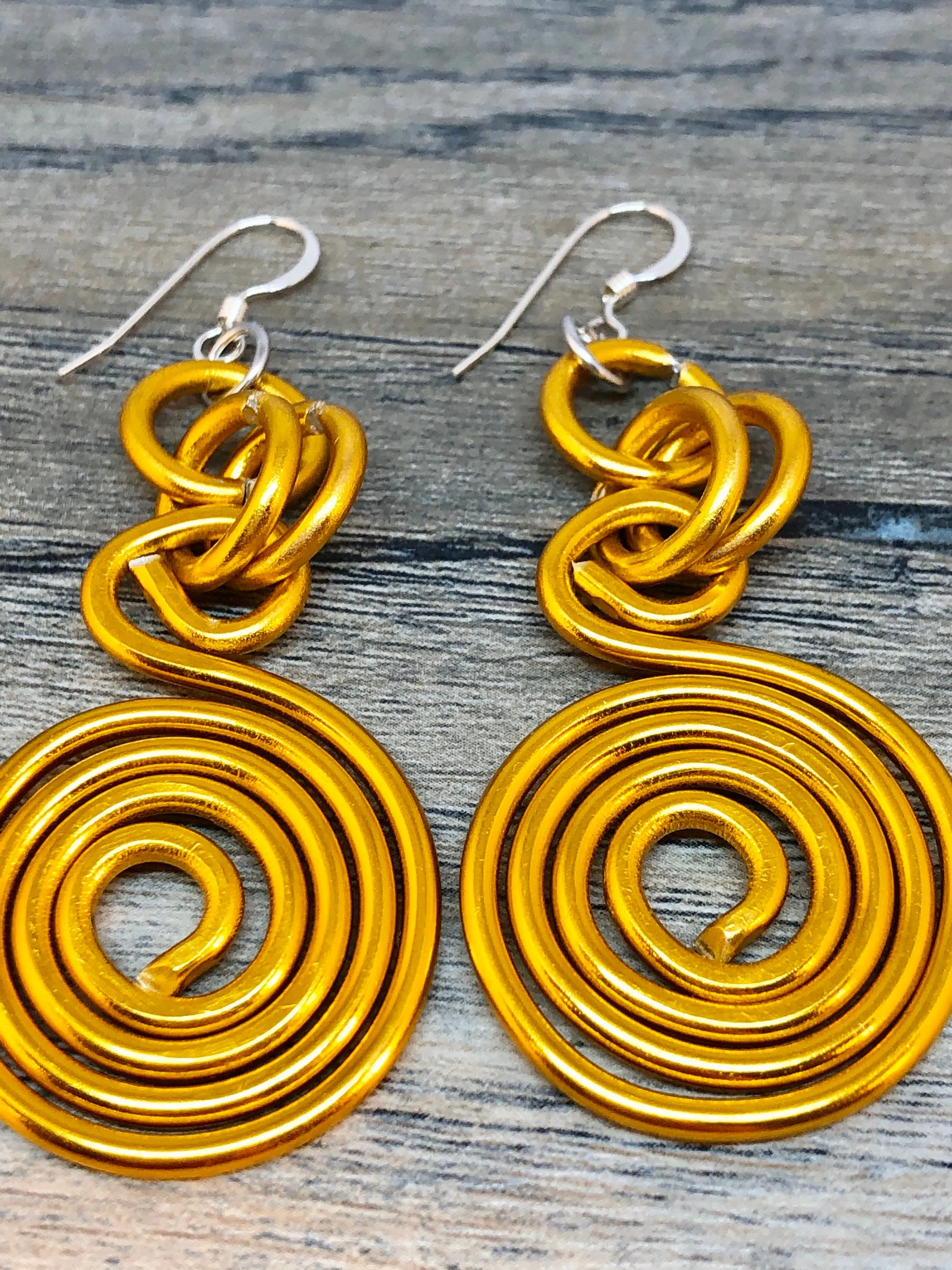 Gold Aluminum Wire Earrings, Circle light weight handmade earrings with sterling silver ear wire