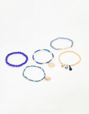 Gold Blue Beaded Stretch Bracelets 5-Pack