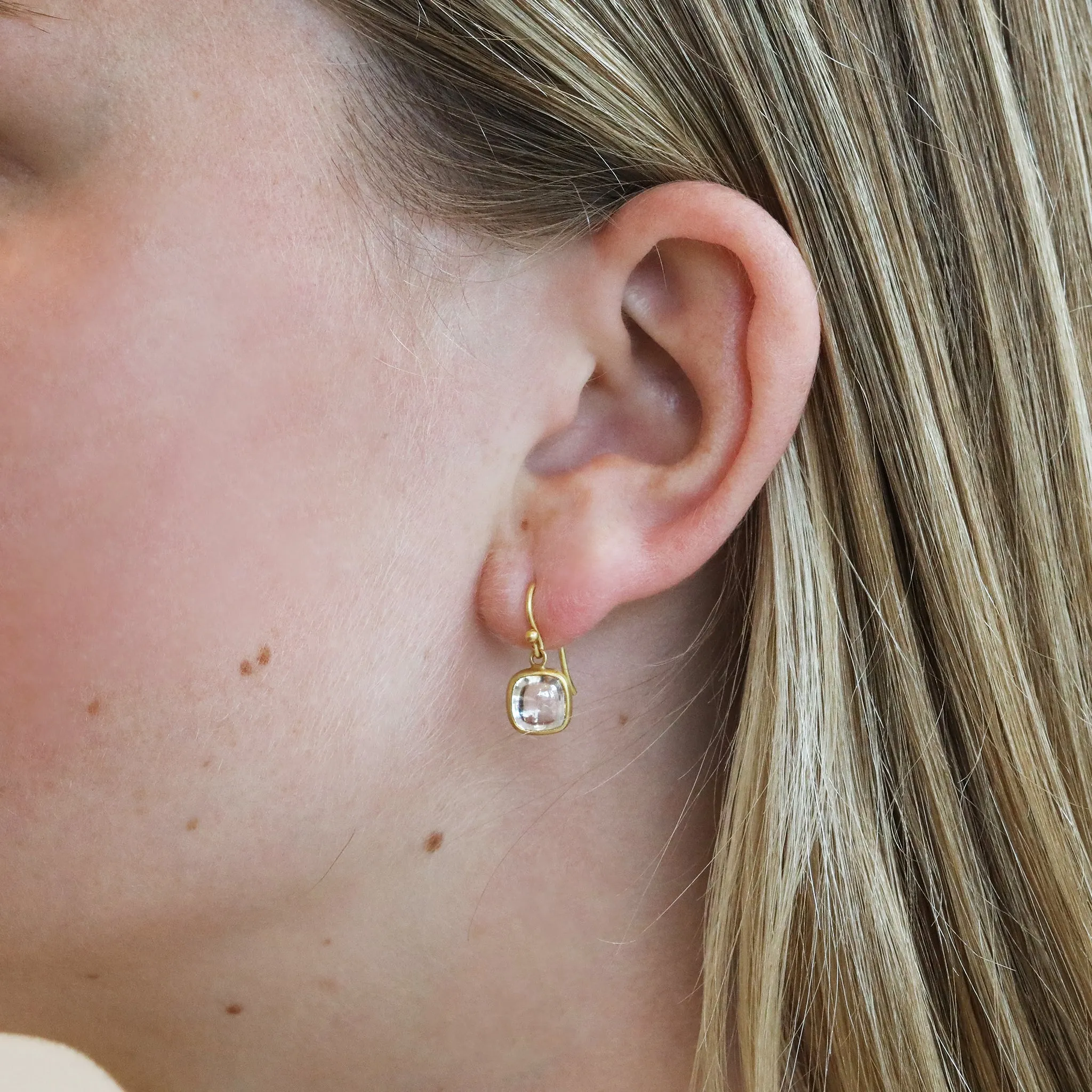 Gold Cabochon Cushion-Shape Natural White Zircon Earrings