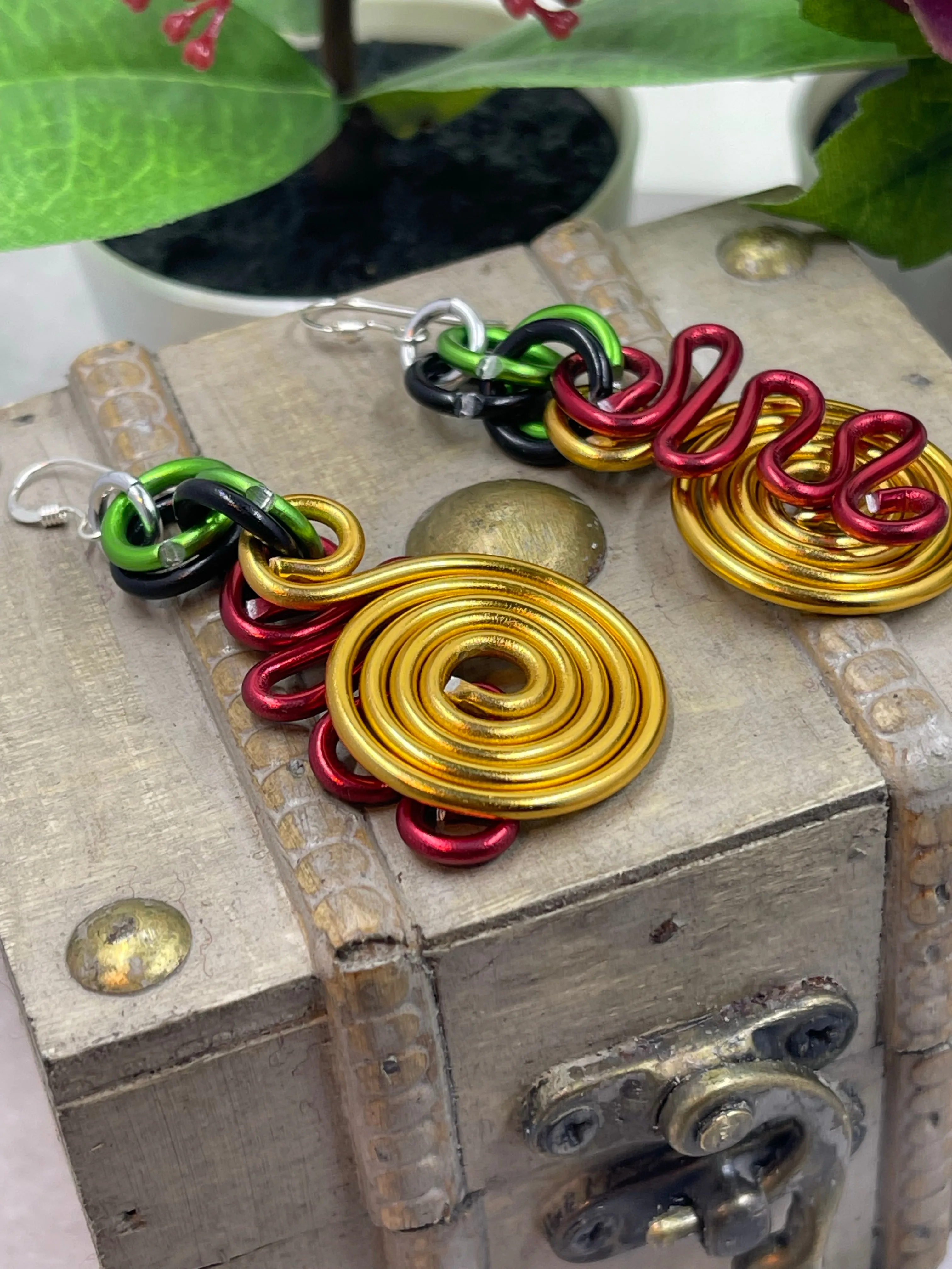 Gold Circle and Red zig zag Earrings