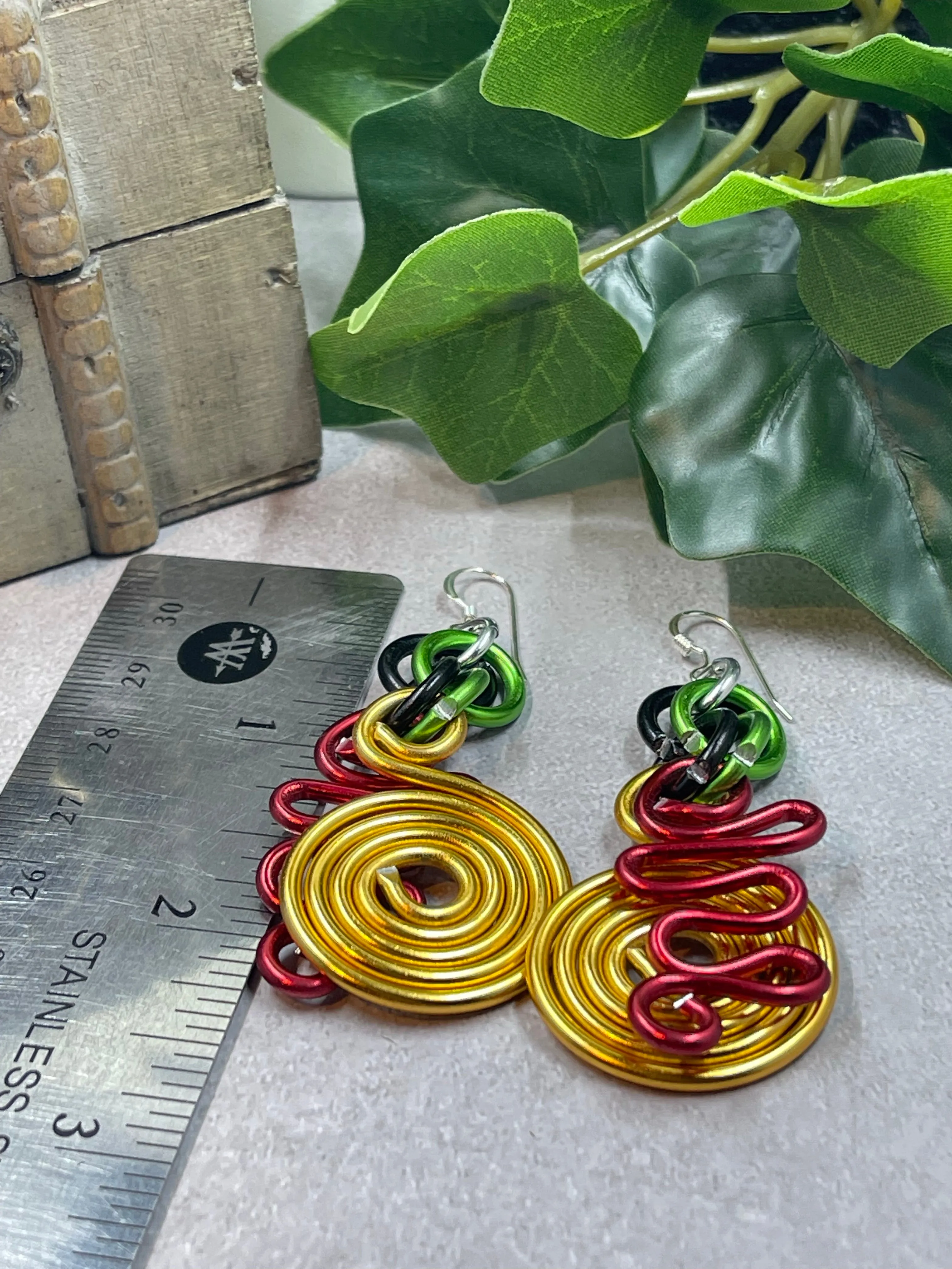 Gold Circle and Red zig zag Earrings