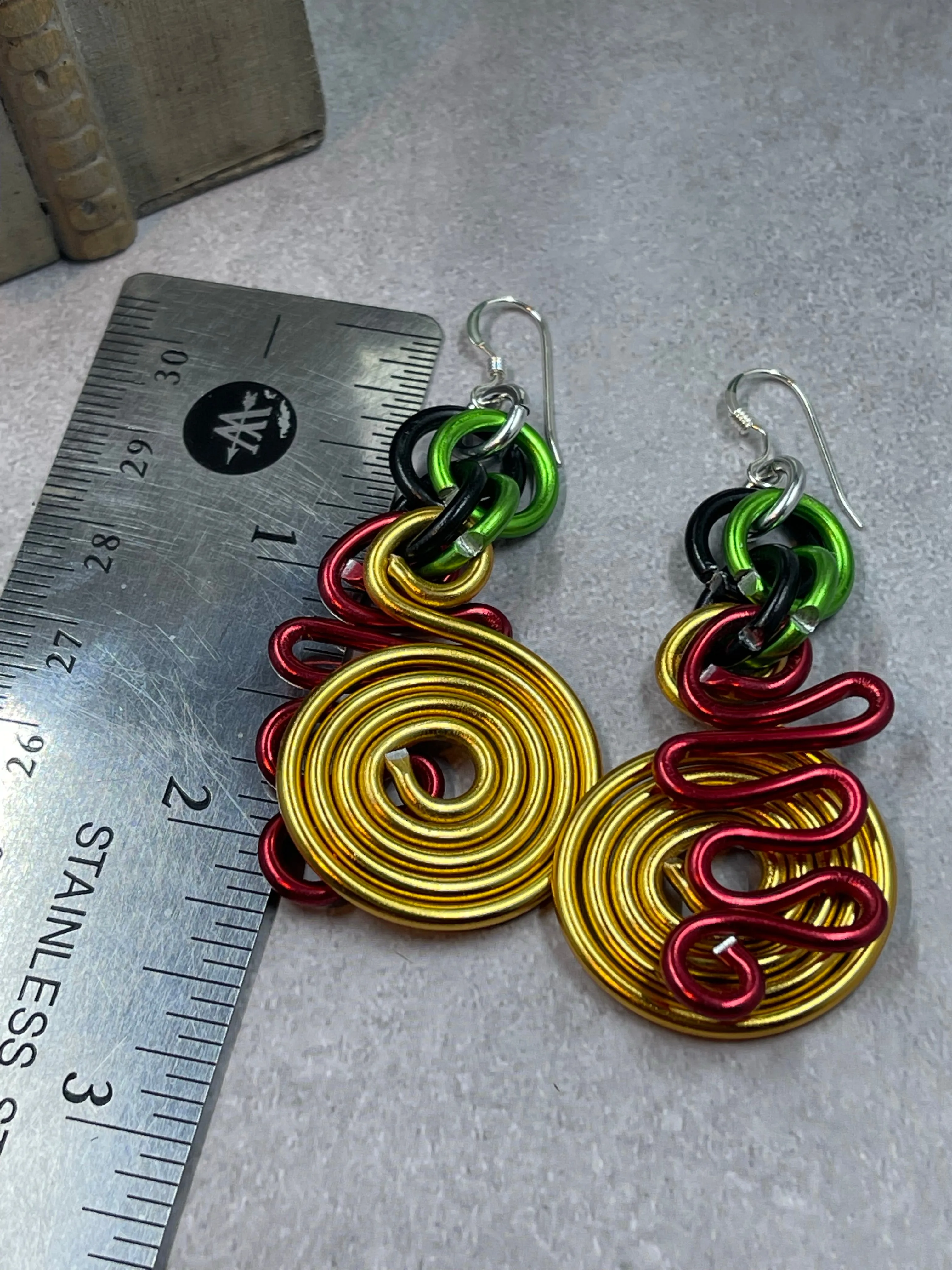 Gold Circle and Red zig zag Earrings