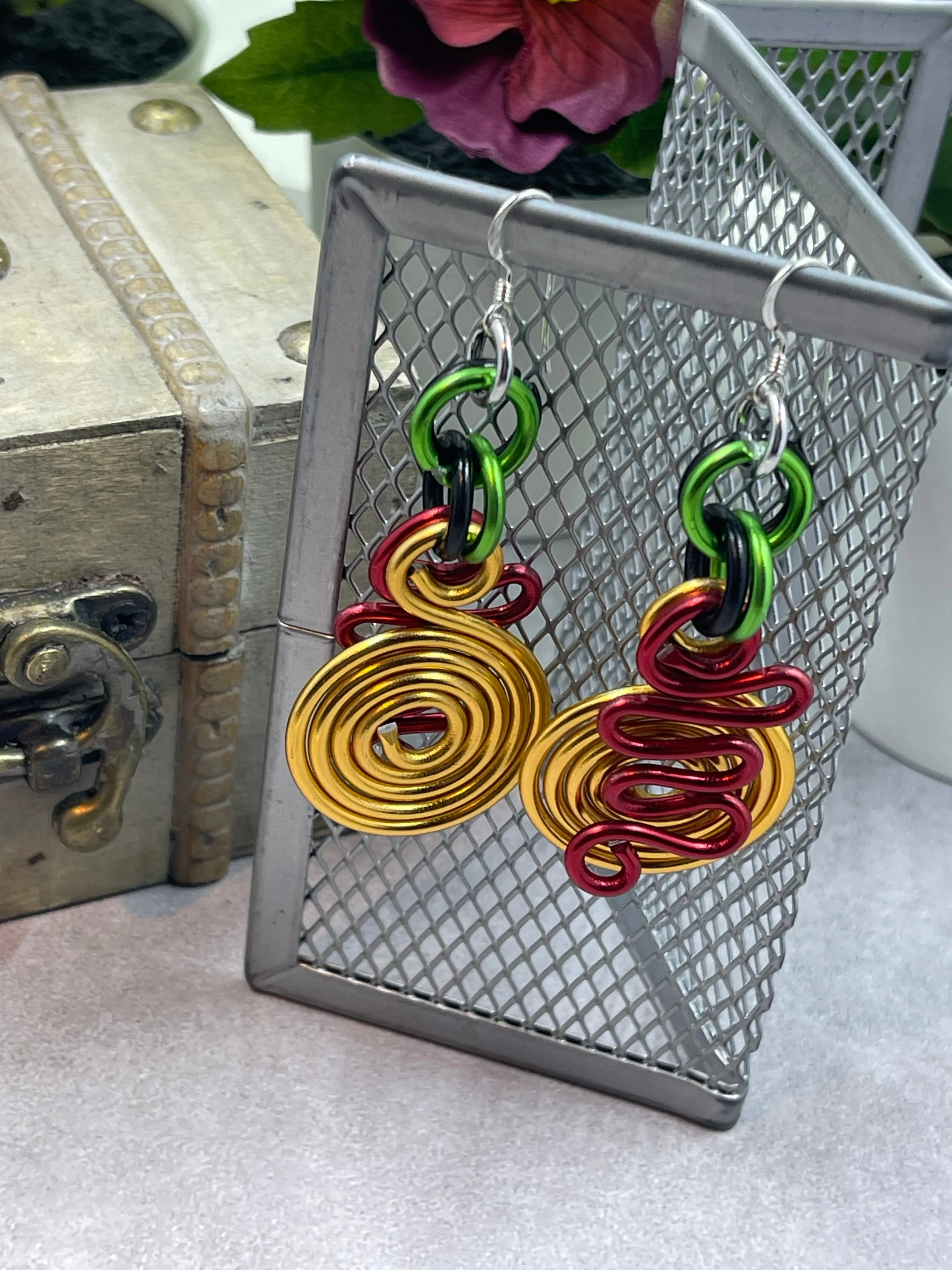 Gold Circle and Red zig zag Earrings