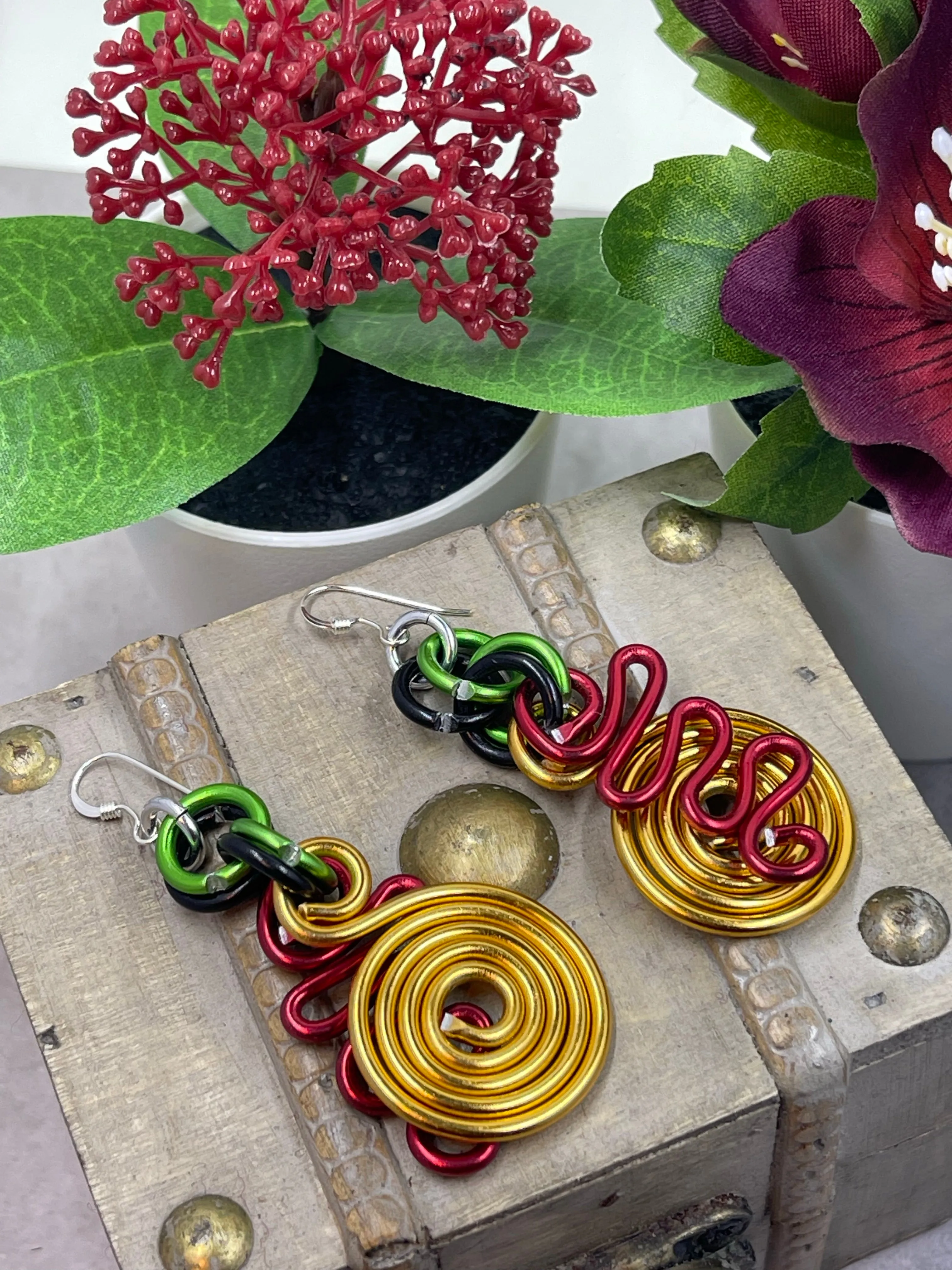Gold Circle and Red zig zag Earrings