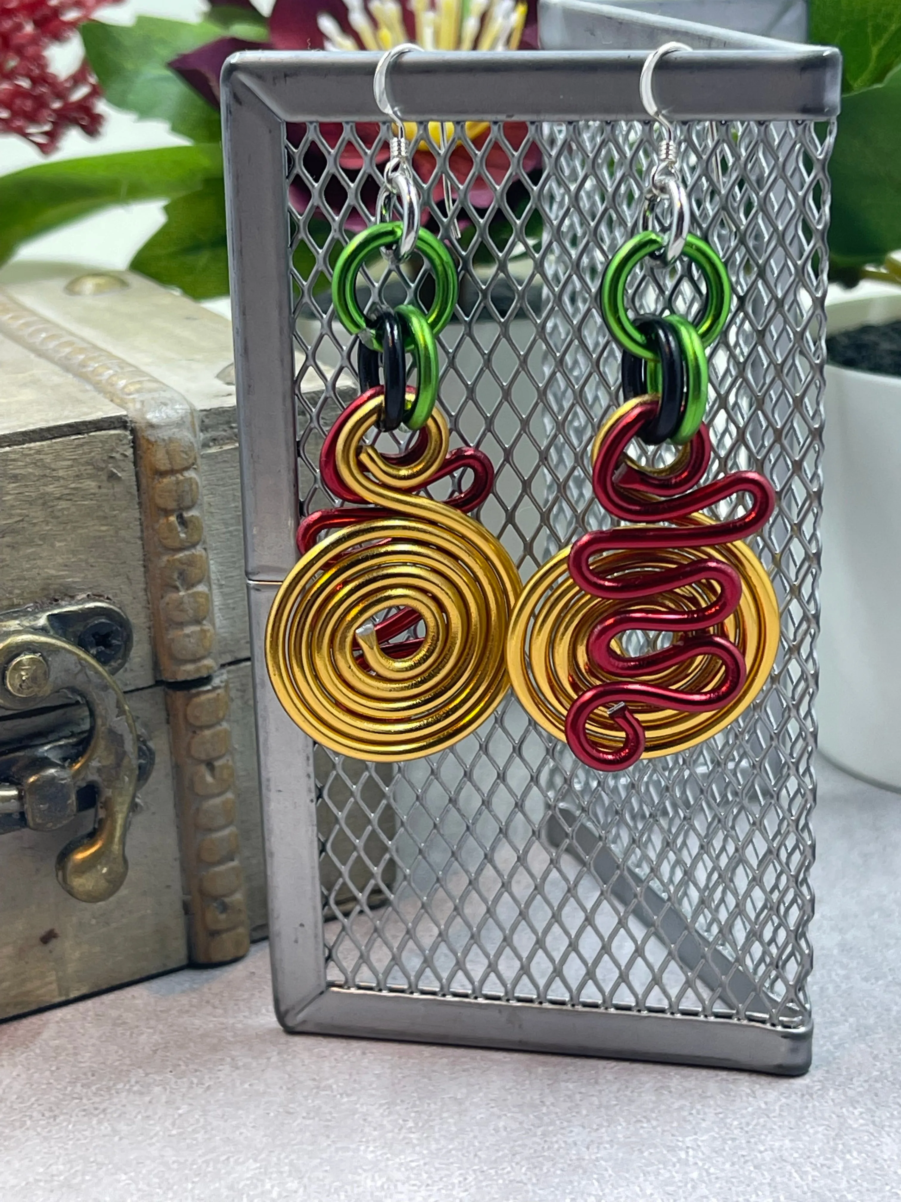 Gold Circle and Red zig zag Earrings