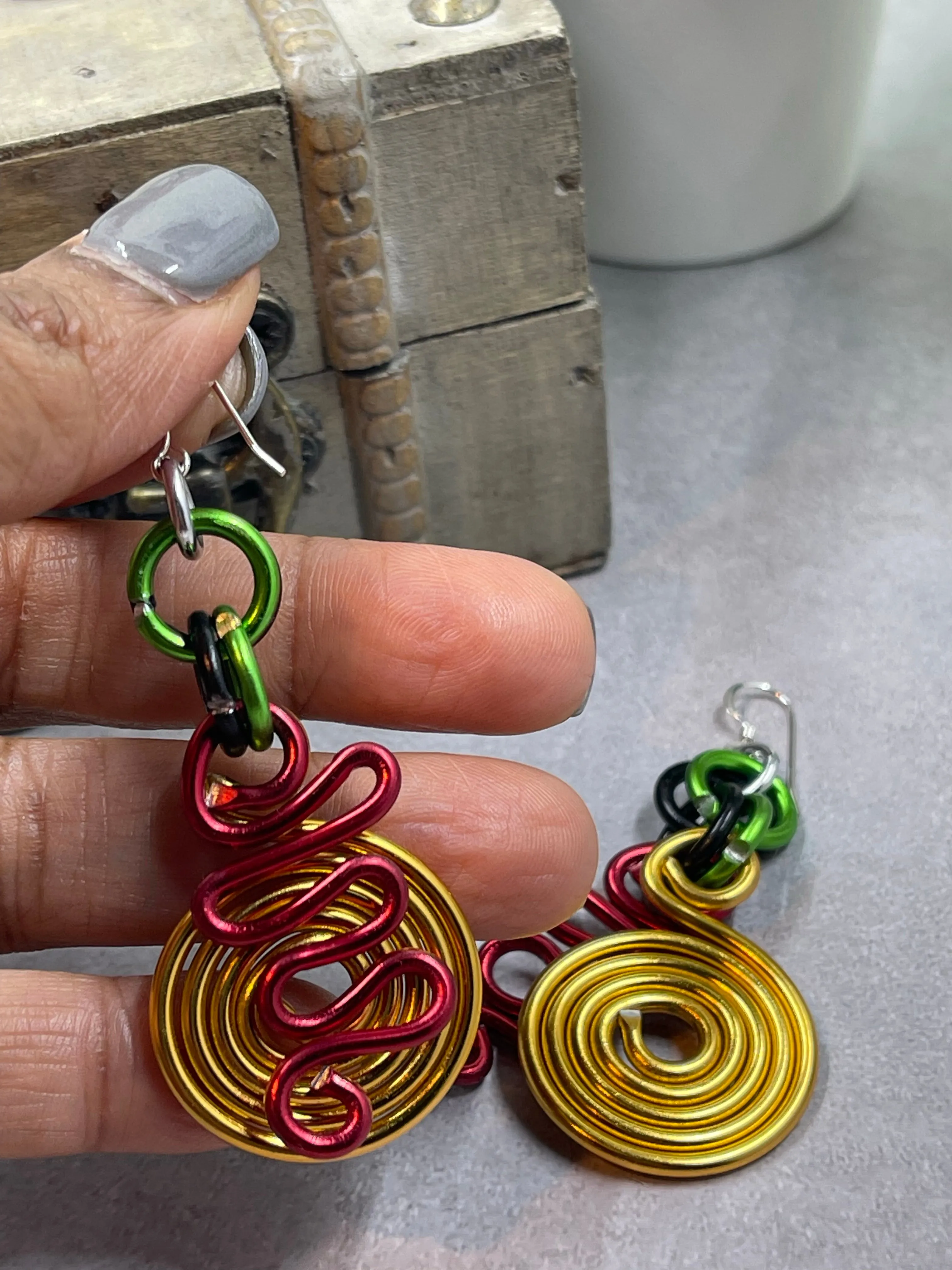 Gold Circle and Red zig zag Earrings