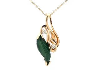 Green Agate Leaf and Diamond Necklace 14K Yellow Gold
